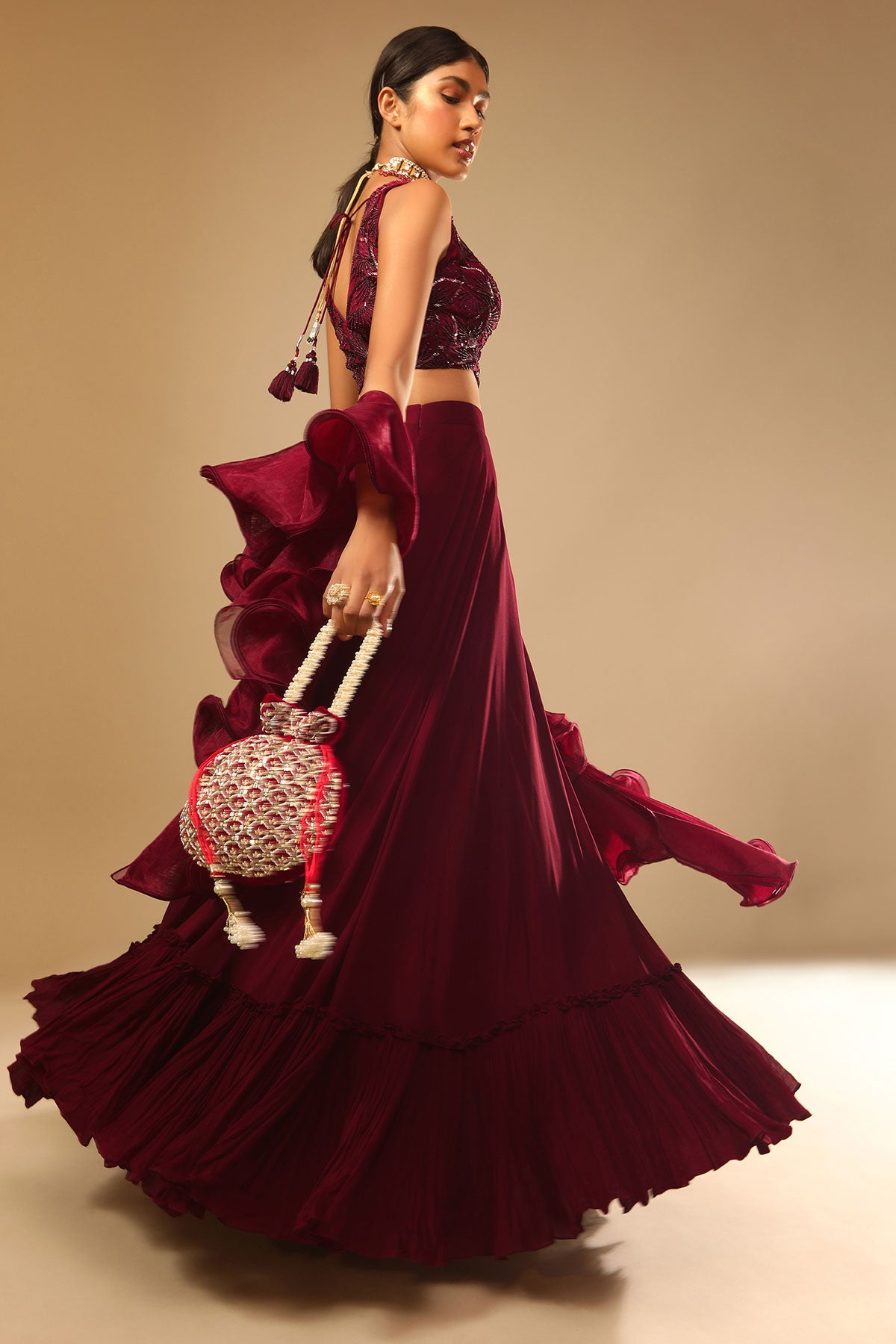 Maroon Lehenga And Crop Top With Hand Embroidered Leaf Motifs And A Ruffle Dupatta