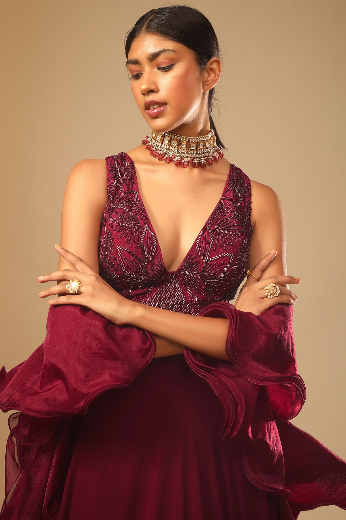 Maroon Lehenga And Crop Top With Hand Embroidered Leaf Motifs And A Ruffle Dupatta