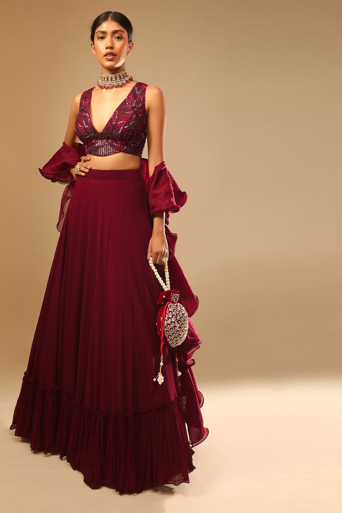 Maroon Lehenga And Crop Top With Hand Embroidered Leaf Motifs And A Ruffle Dupatta