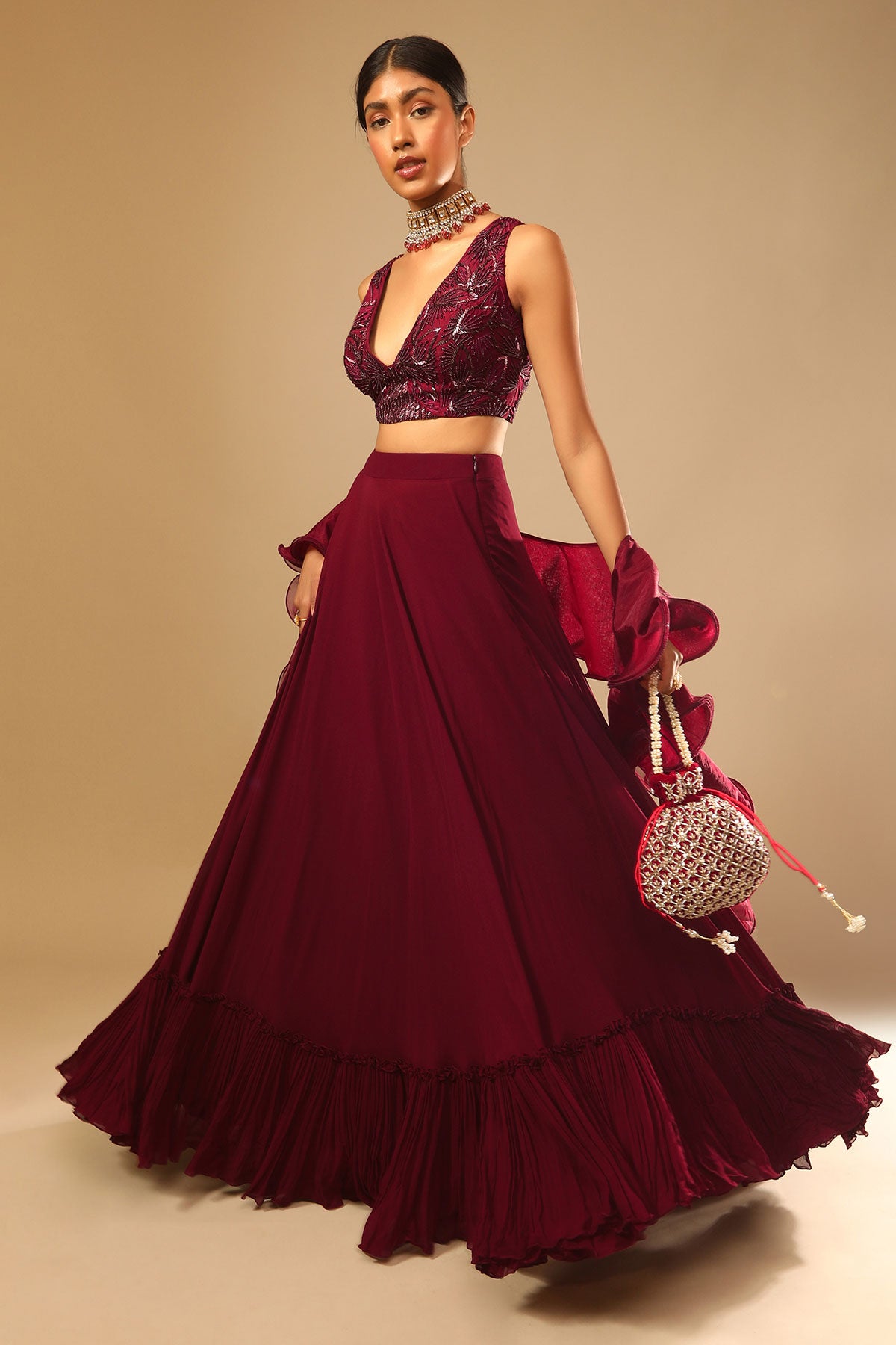 Maroon Lehenga And Crop Top With Hand Embroidered Leaf Motifs And A Ruffle Dupatta