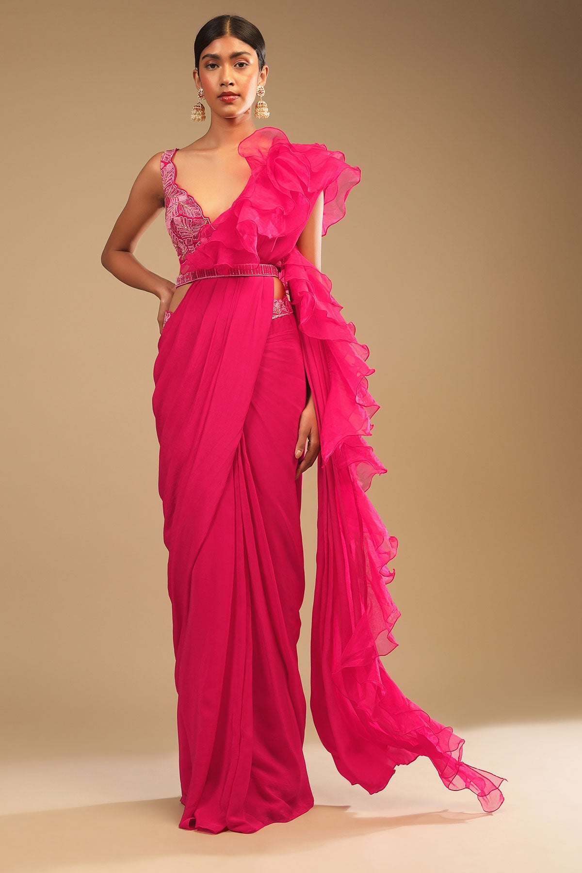 Hot Pink Readymade Saree In Crepe With Ruffle Frill On The Pallu And Beads Embroidered Crop Top And Belt