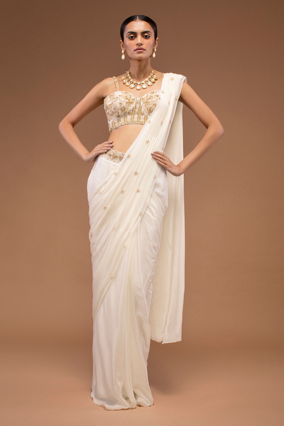 Cotton White Ready To Wear Saree With A Crop Top Set In Cut Dana Embroidery, Paired With The Spaghetti Straps With A Corset Neckline