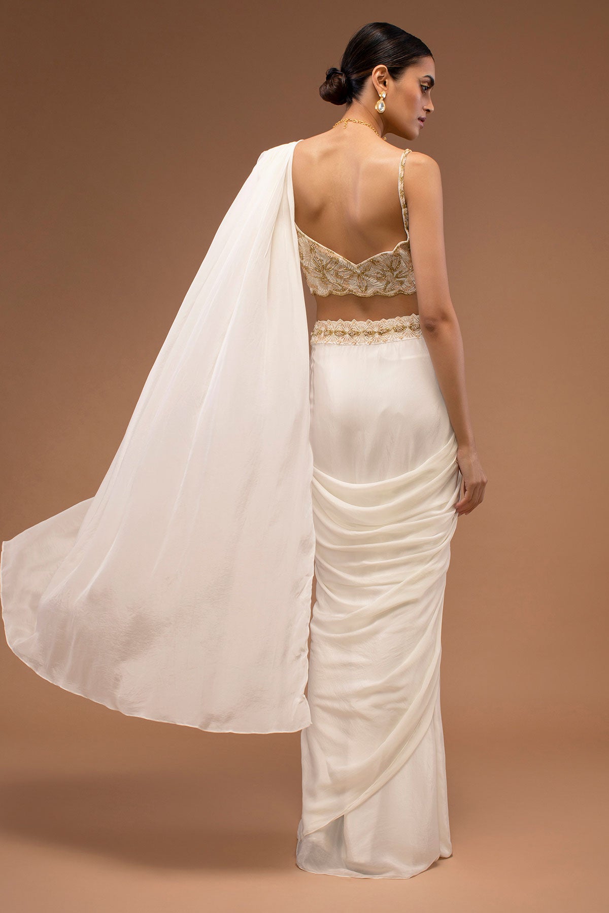 Cotton White Ready To Wear Saree With A Crop Top Set In Cut Dana Embroidery, Paired With The Spaghetti Straps With A Corset Neckline