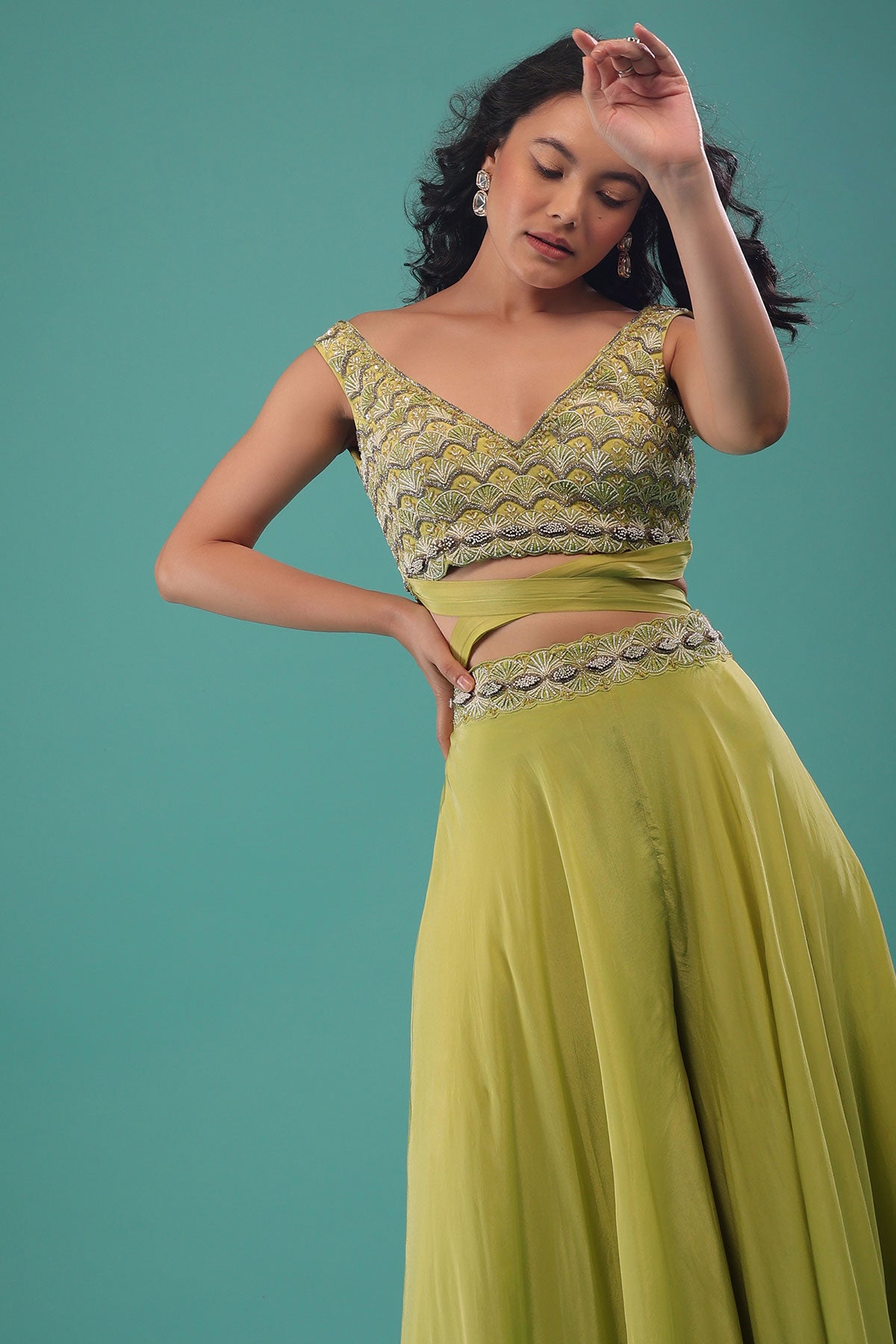 Citrus Green Flared Palazzo And A Crop Top Set, Crafted In Crepe With A Side Zip Closure