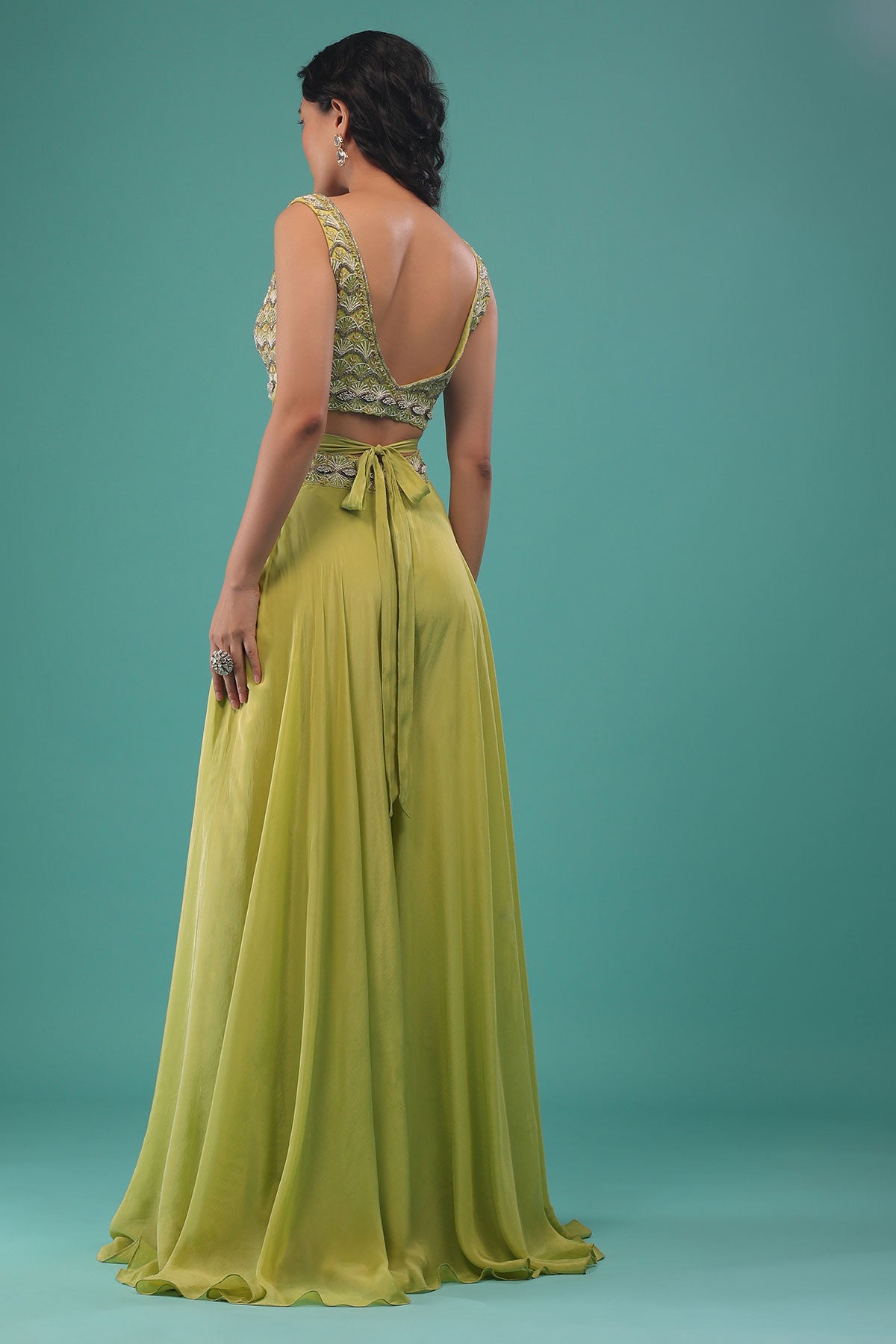 Citrus Green Flared Palazzo And A Crop Top Set, Crafted In Crepe With A Side Zip Closure