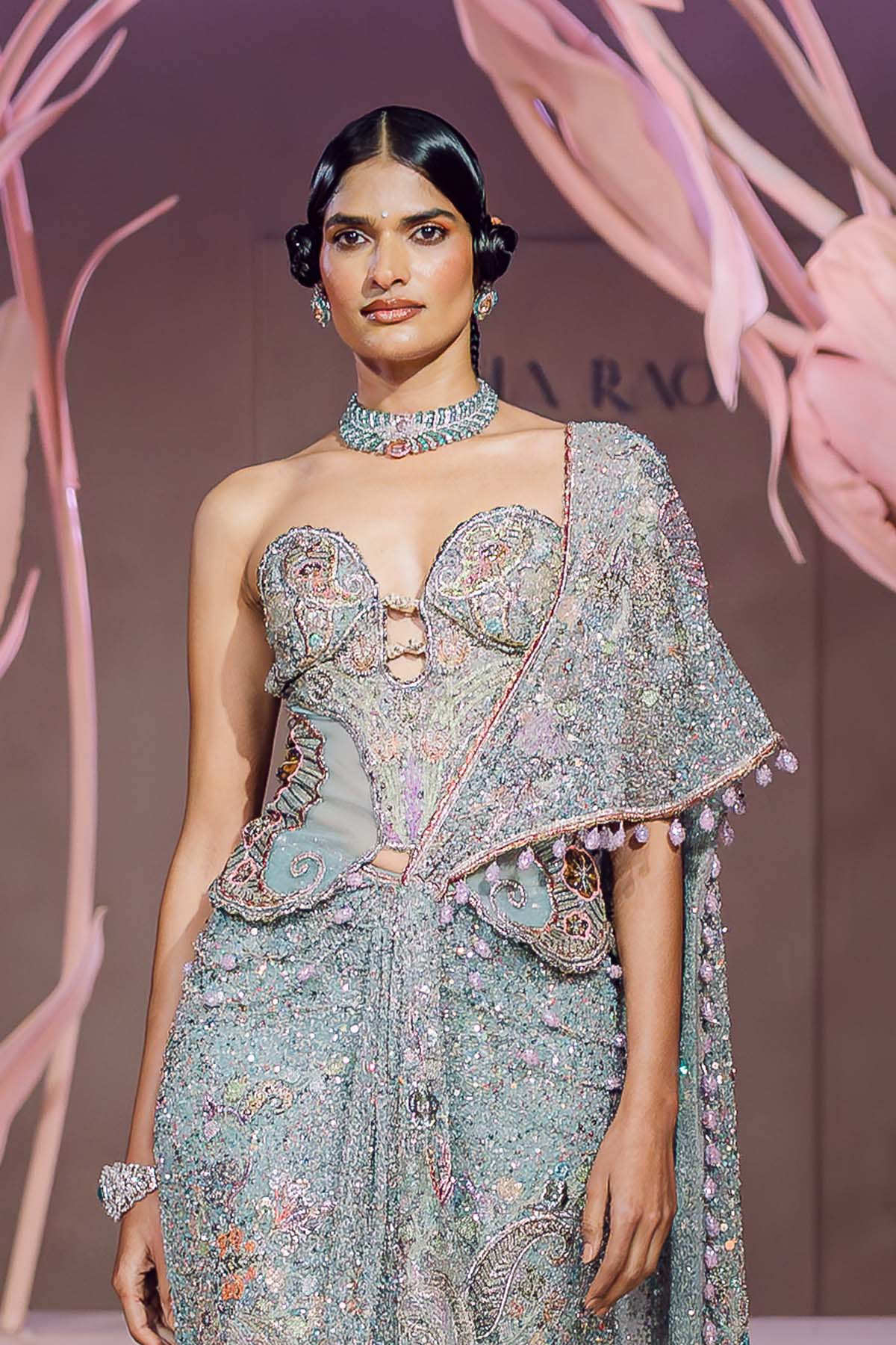 Cosette - blue sequin tulle draped saree