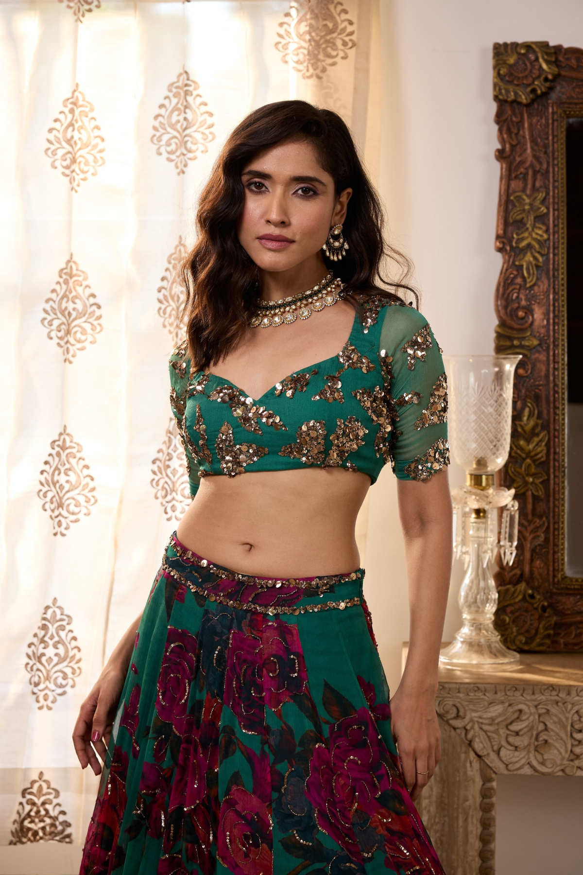 TEAL GREEN CHIFFON FLORAL LEHENGA
