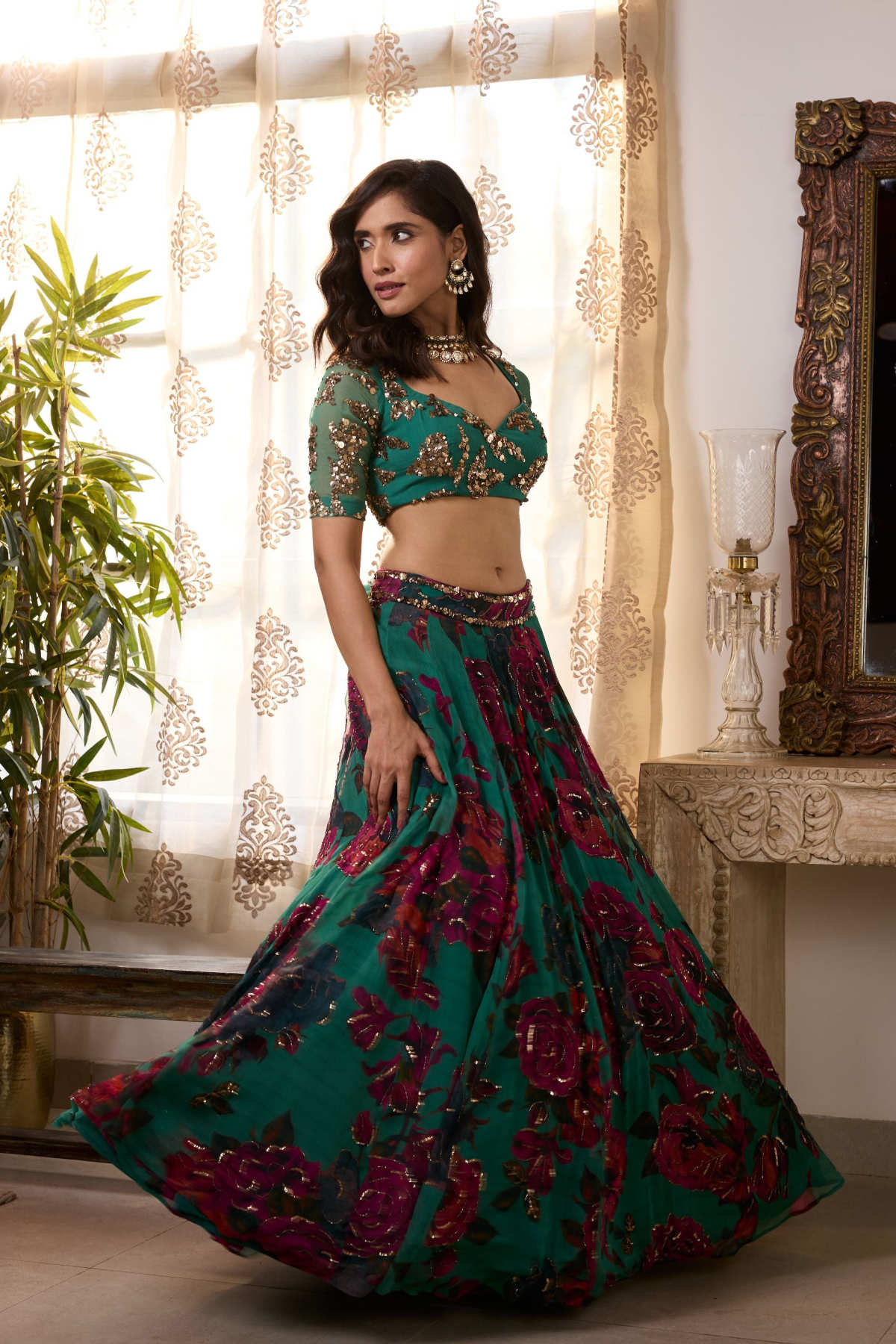 TEAL GREEN CHIFFON FLORAL LEHENGA