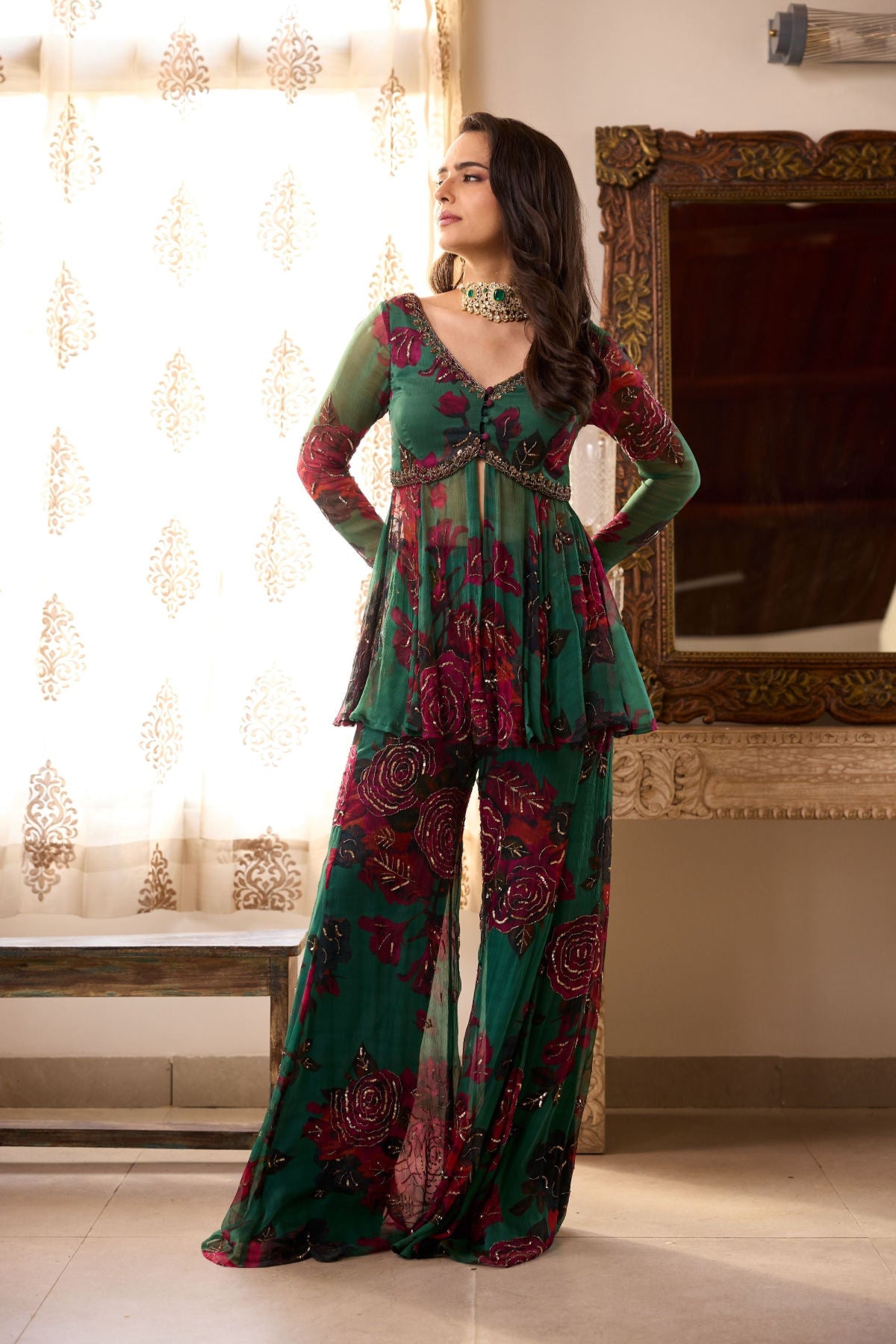 Teal Green Chiffon Floral Peplum and Pants