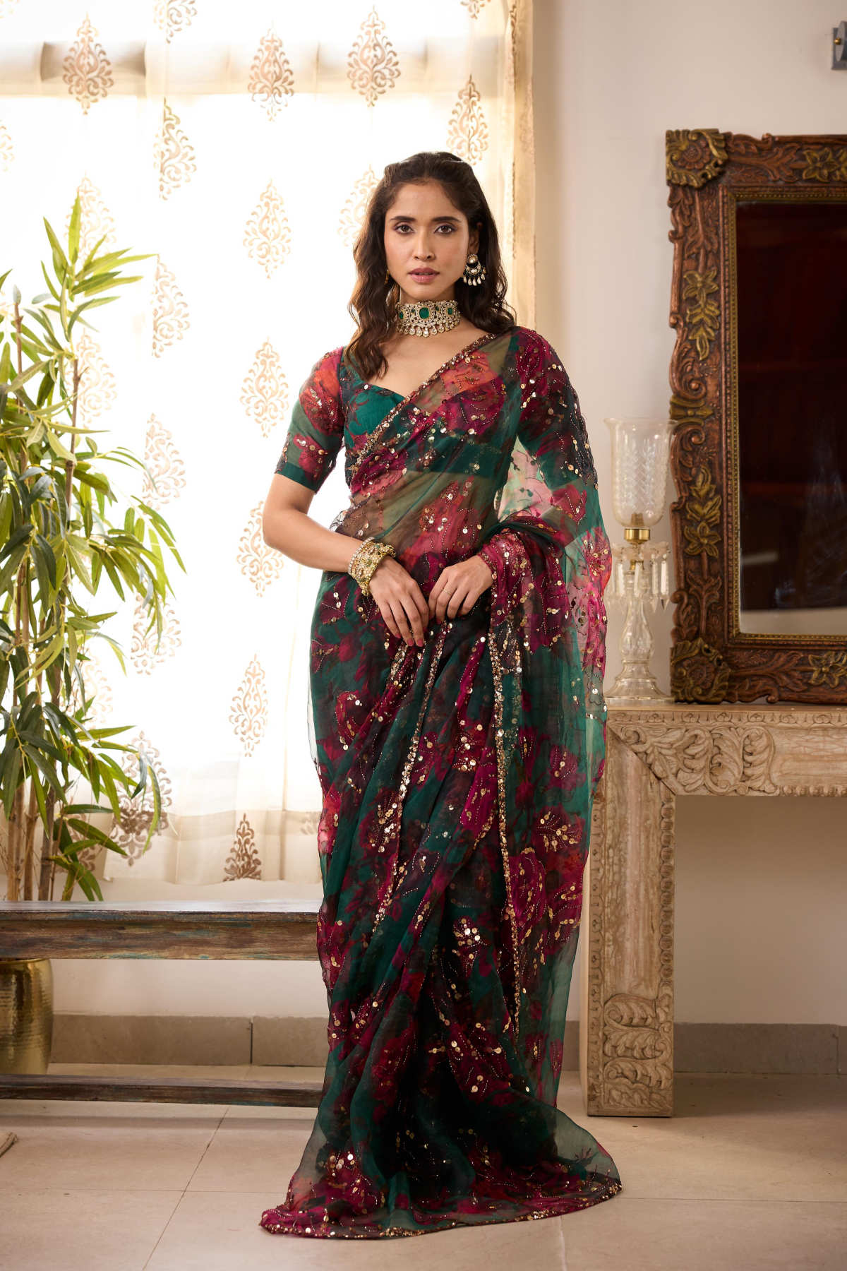 TEAL GREEN ORGANZA FLORAL SAREE