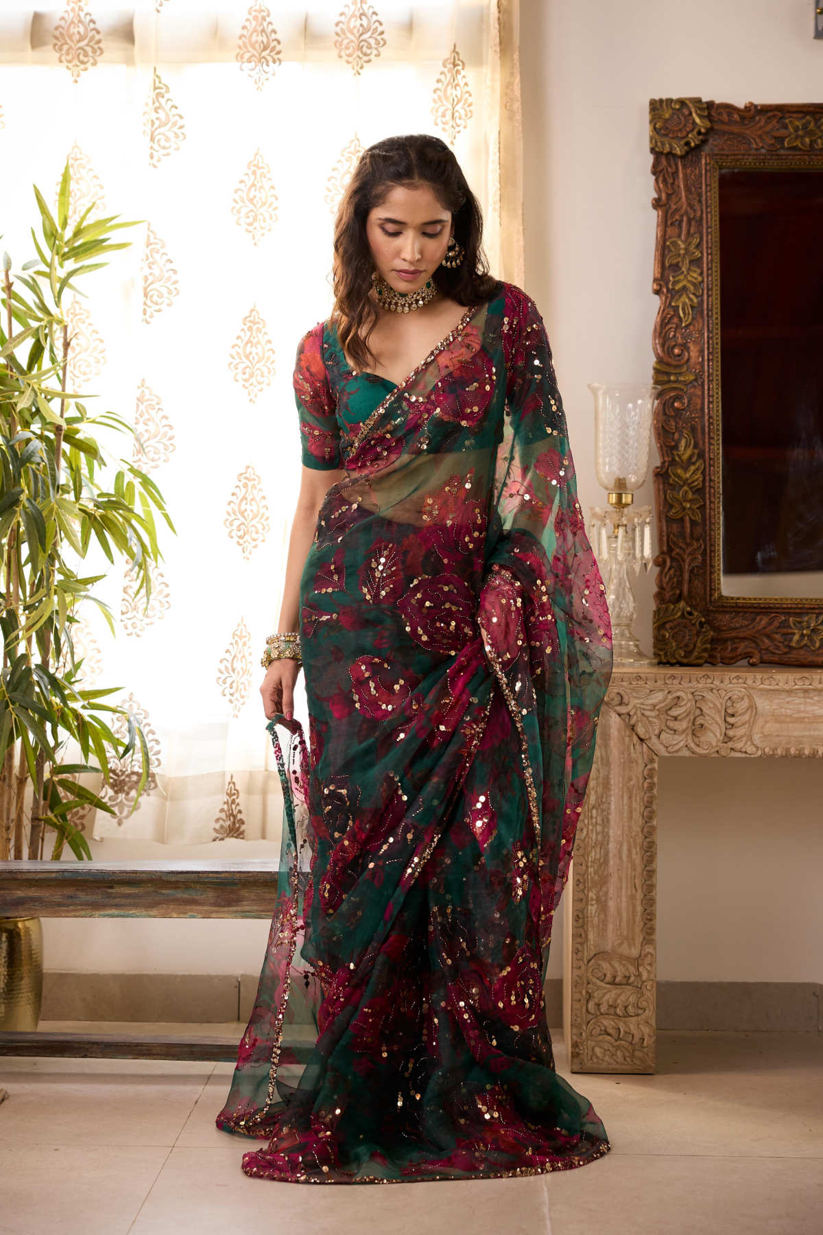 TEAL GREEN ORGANZA FLORAL SAREE