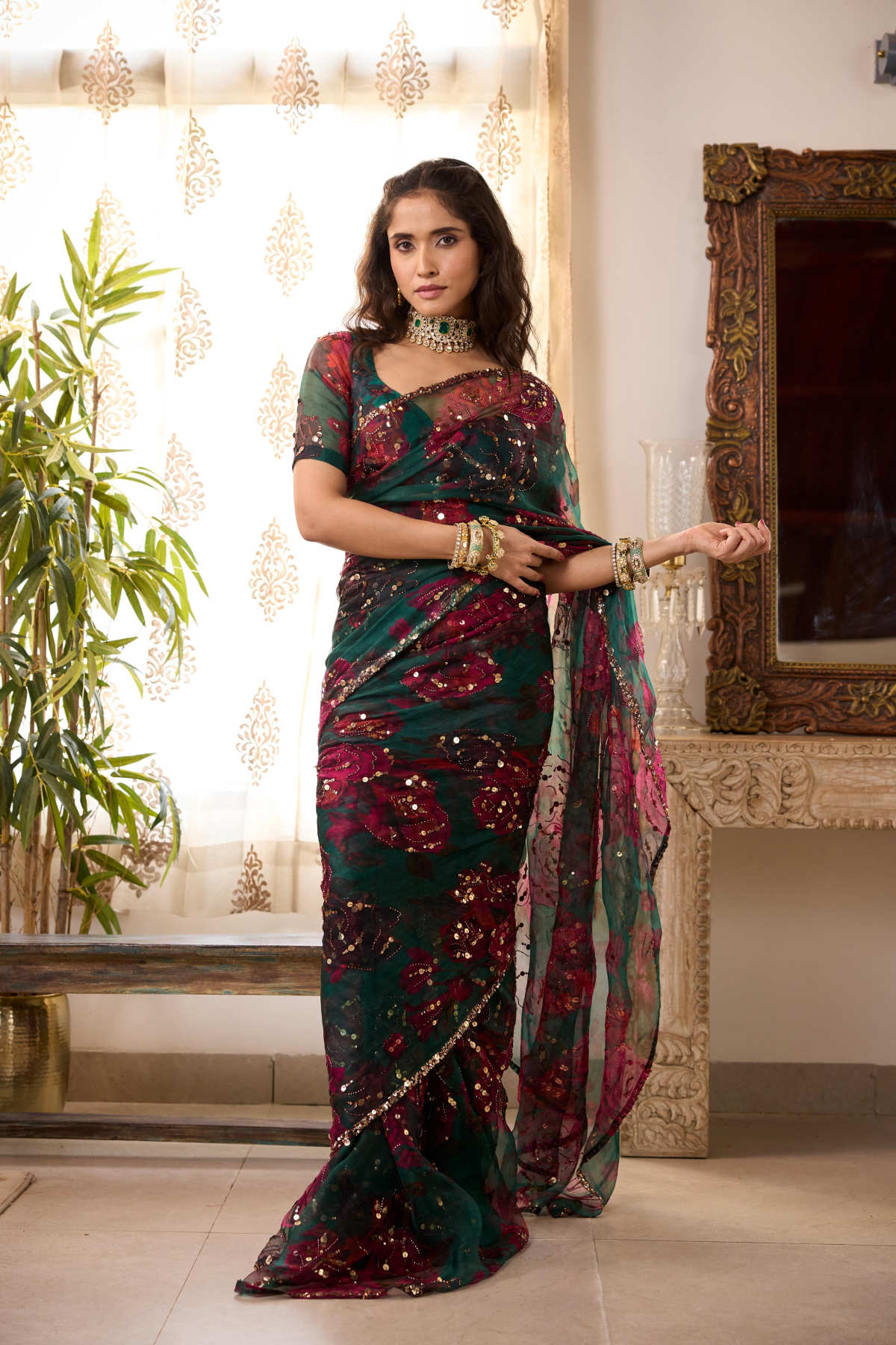 TEAL GREEN ORGANZA FLORAL SAREE