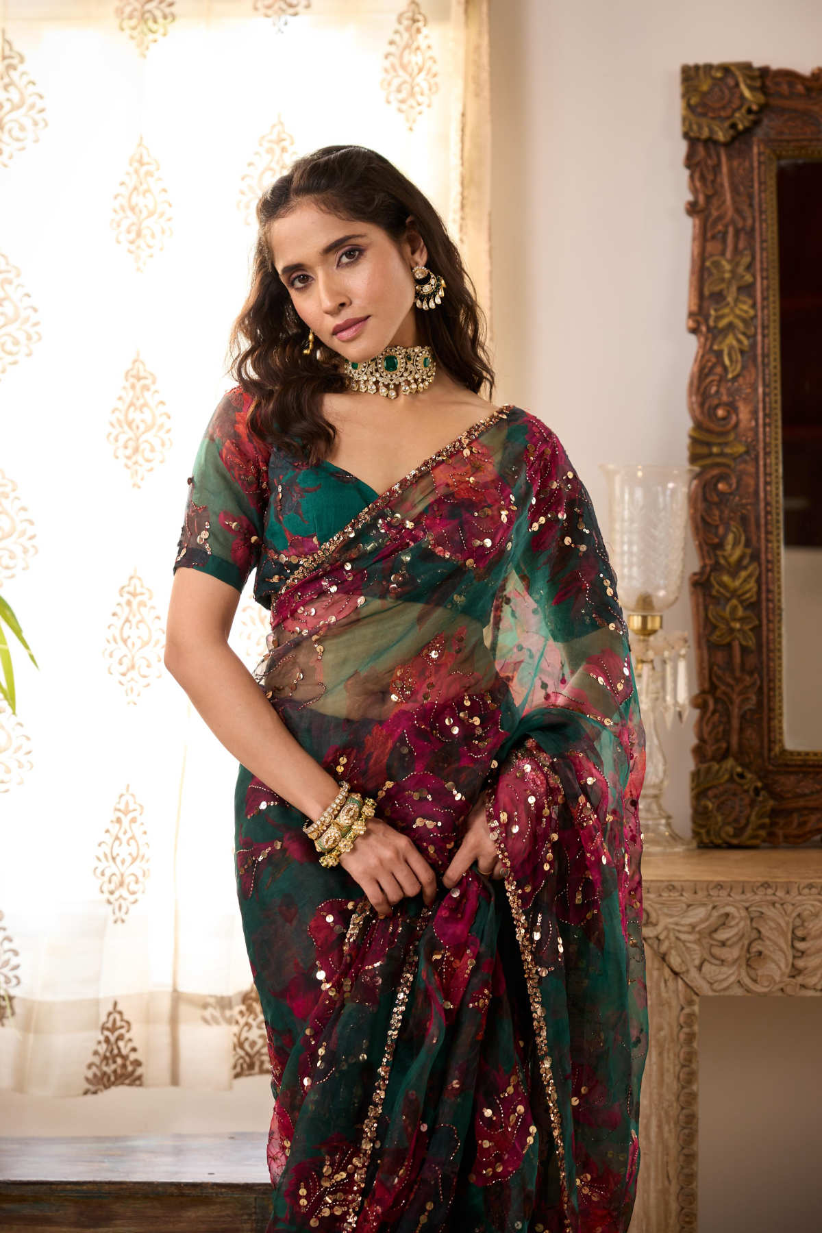 TEAL GREEN ORGANZA FLORAL SAREE