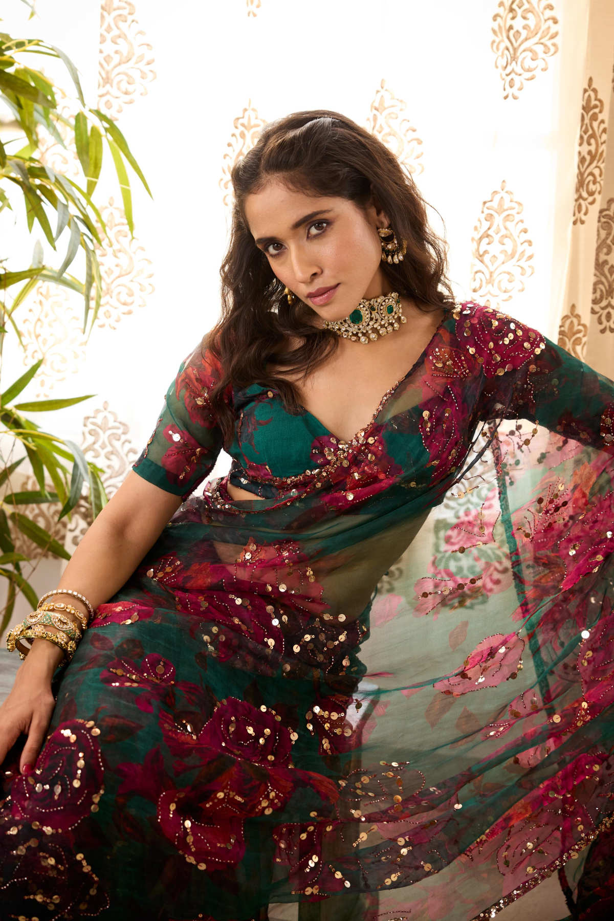TEAL GREEN ORGANZA FLORAL SAREE