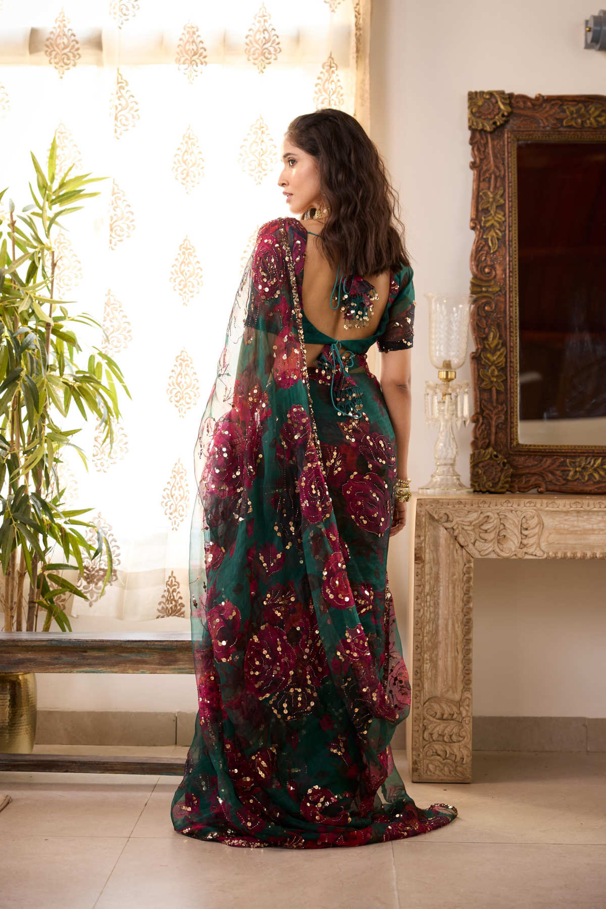 TEAL GREEN ORGANZA FLORAL SAREE