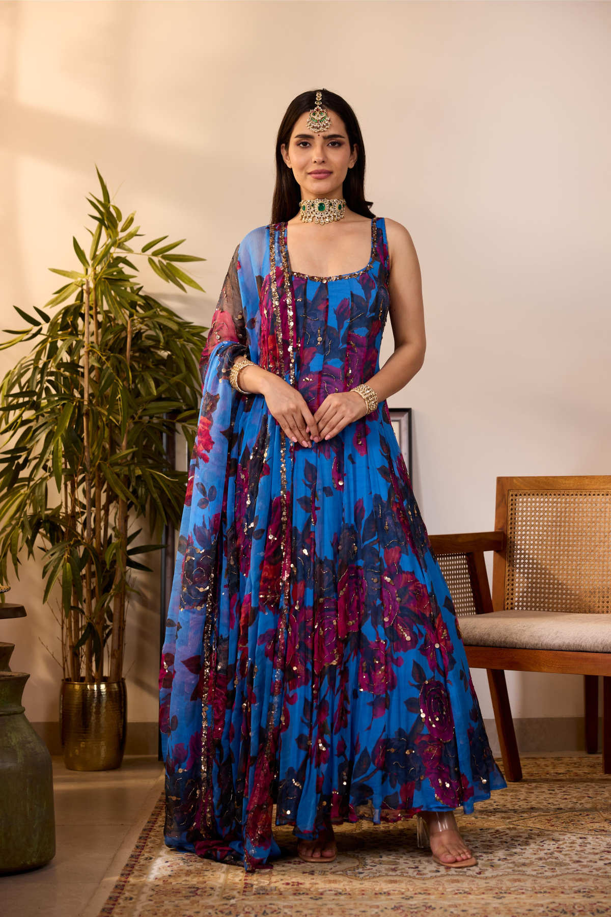 TURQUISE CHIFFON FLORAL A-LINE ANARKALI