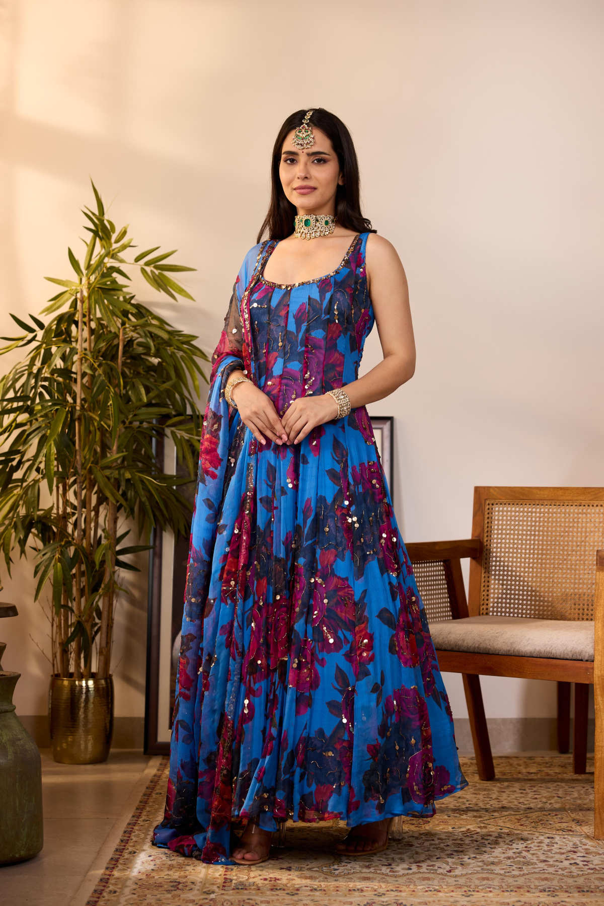 TURQUISE CHIFFON FLORAL A-LINE ANARKALI
