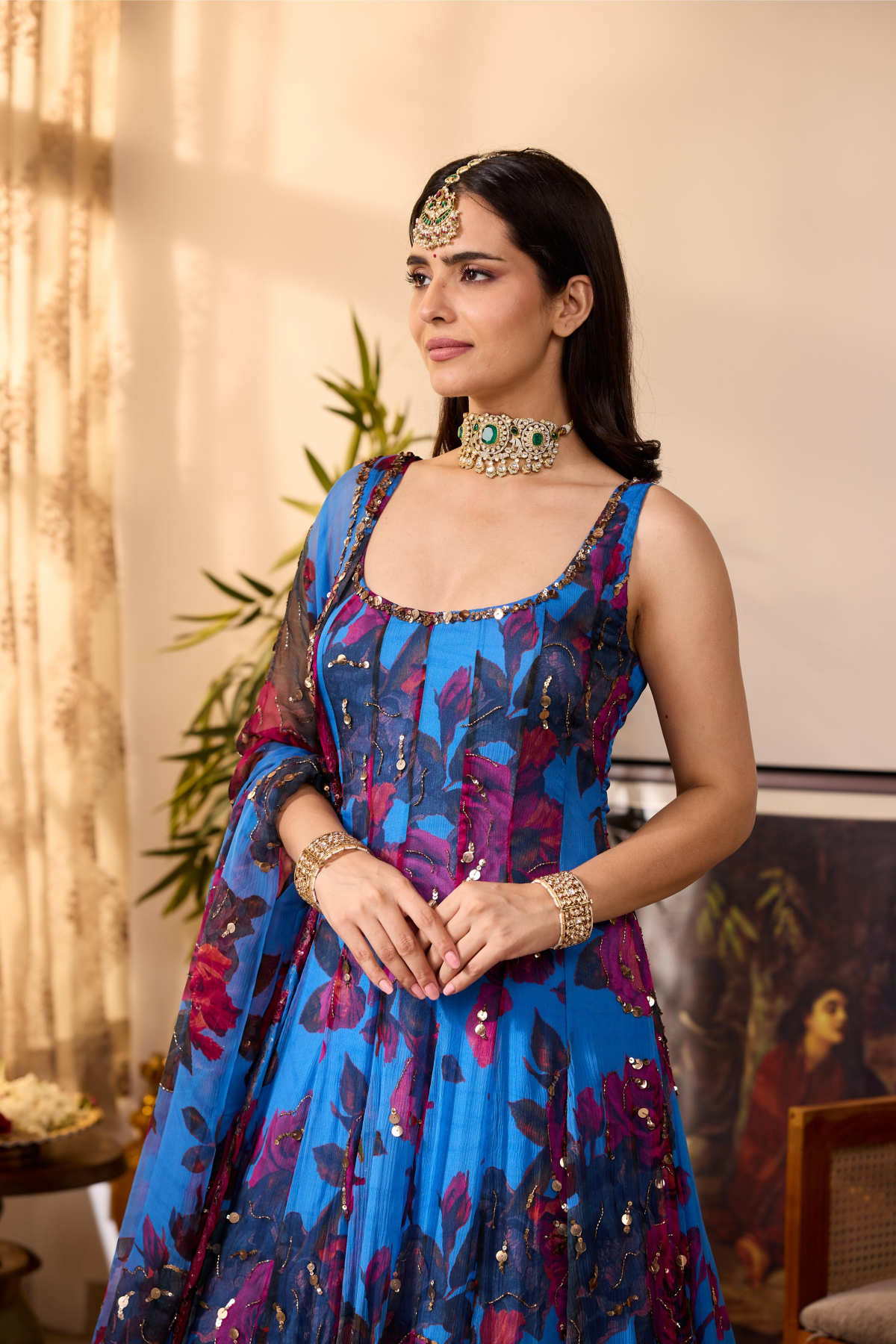 TURQUISE CHIFFON FLORAL A-LINE ANARKALI