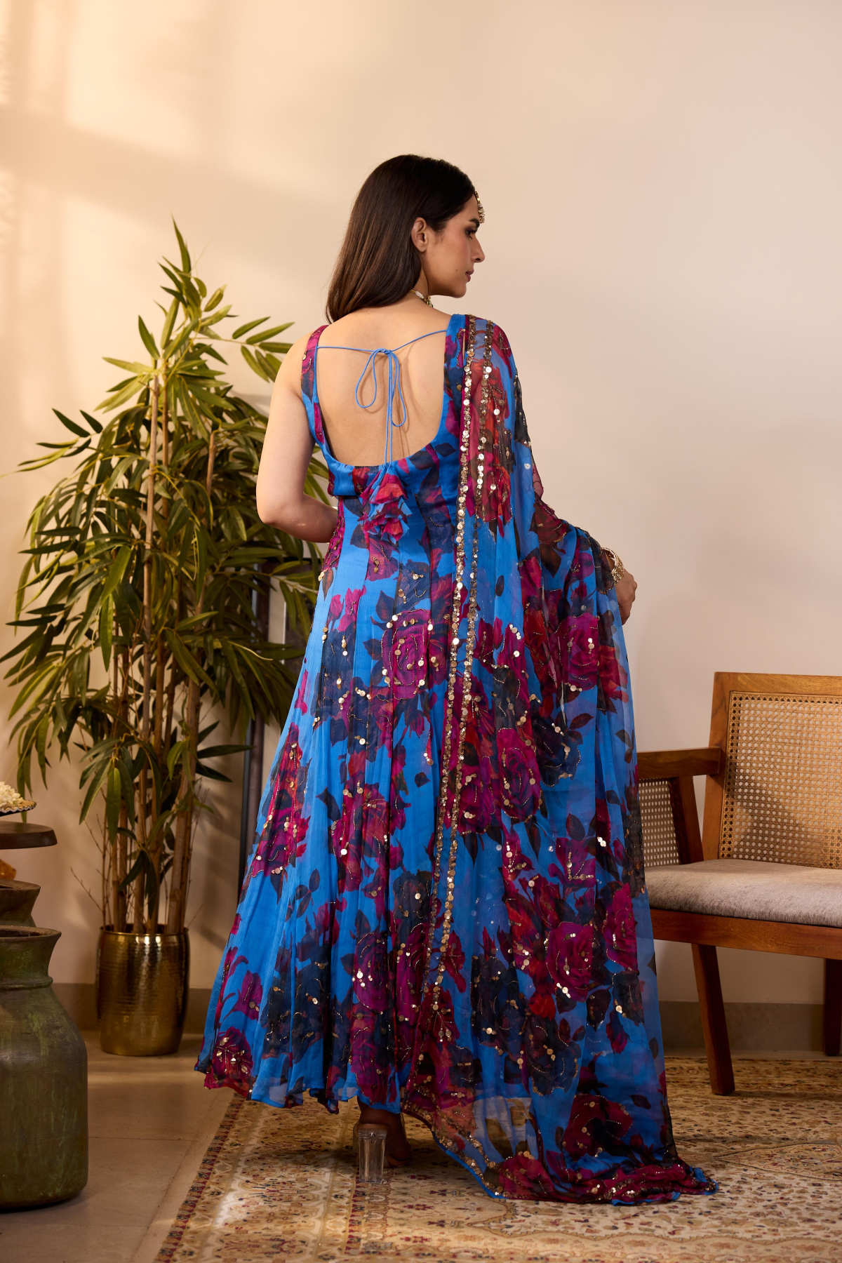 TURQUISE CHIFFON FLORAL A-LINE ANARKALI