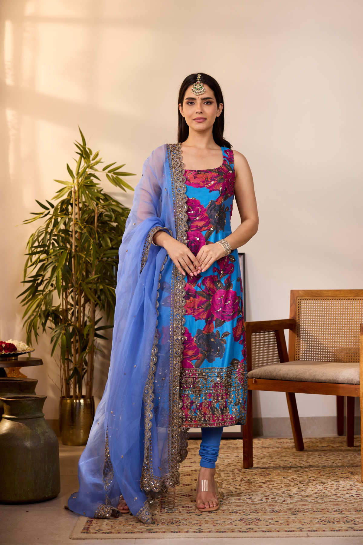 TURQUISE CHIFFON FLORAL KURTI