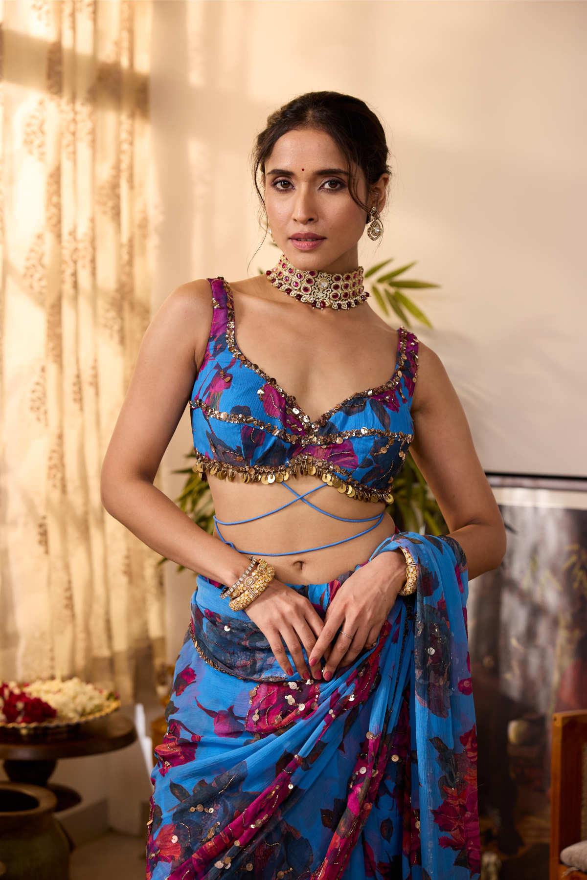 TURQUISE CHIFFON FLORAL SAREE