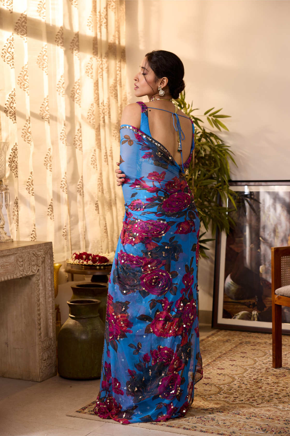 TURQUISE CHIFFON FLORAL SAREE