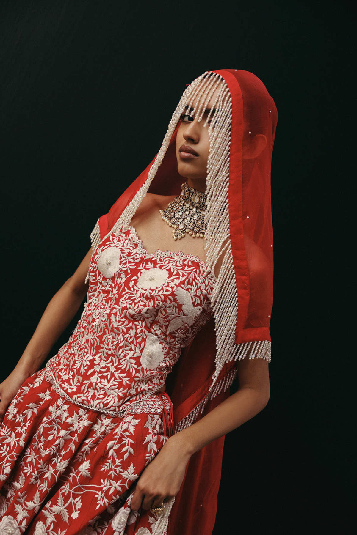 Red Parsi Gaara Lehenga with Corset Blouse and Organza Dupatta