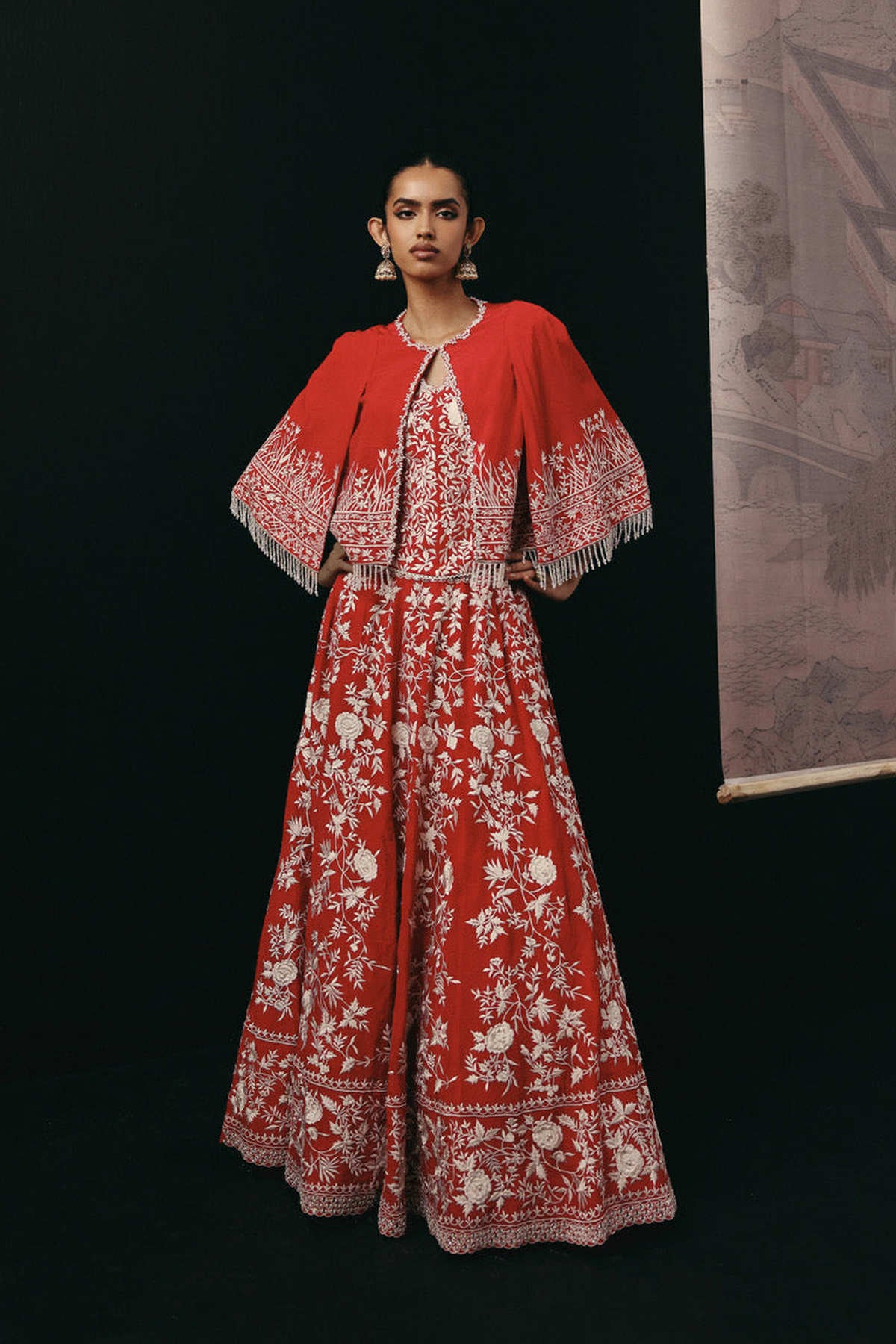 Red Parsi Gaara Lehenga with Cape Jacket and Corset