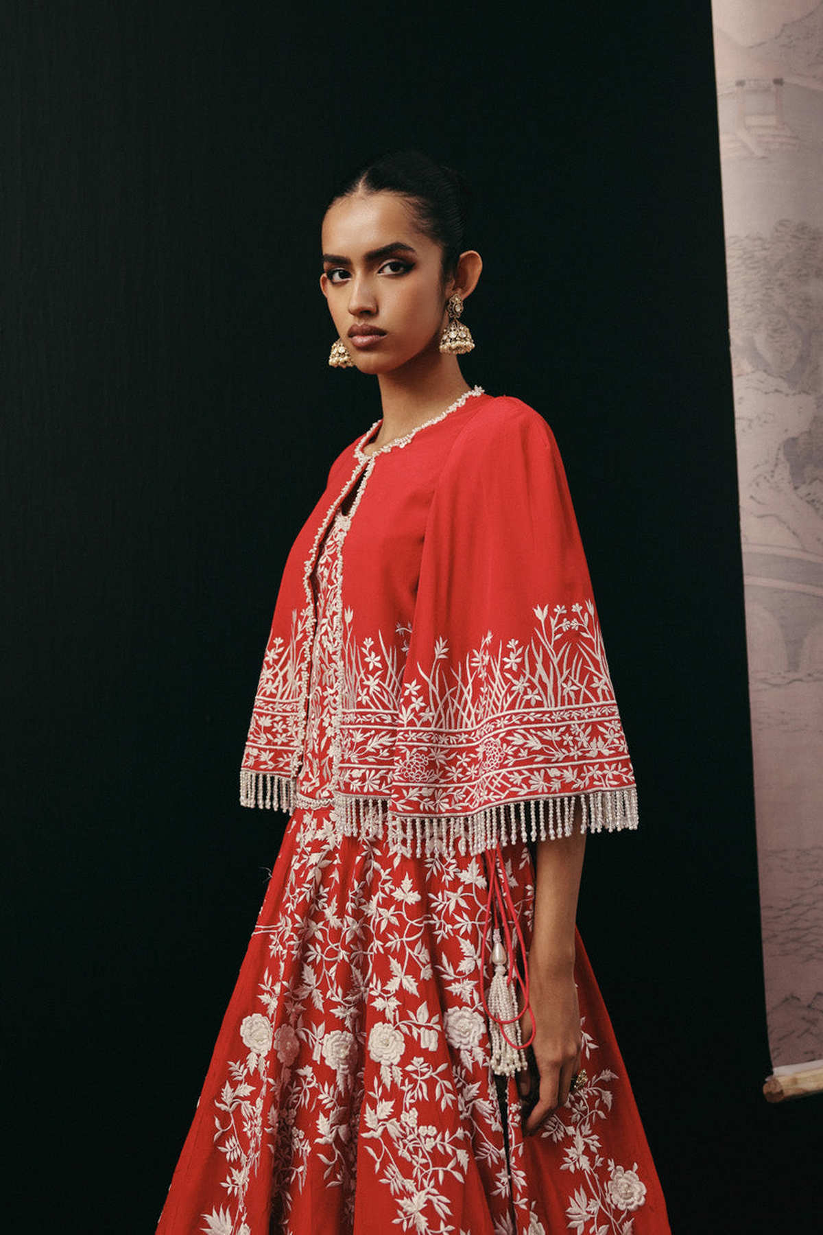 Red Parsi Gaara Lehenga with Cape Jacket and Corset
