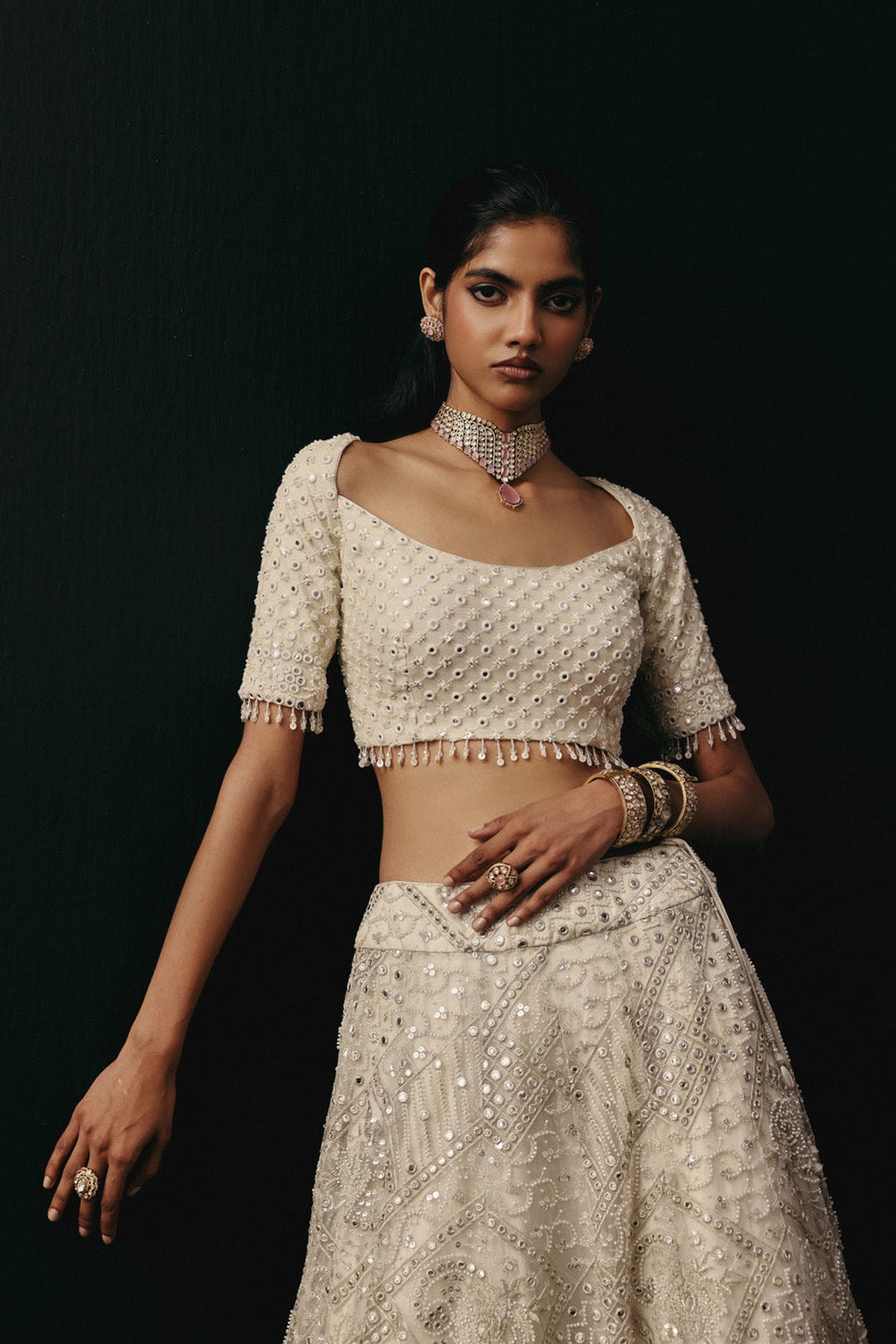 Ivory Mirrorwork Lehenga with Short Sleeves Wide Neck Blouse and Beadwork Dupatta