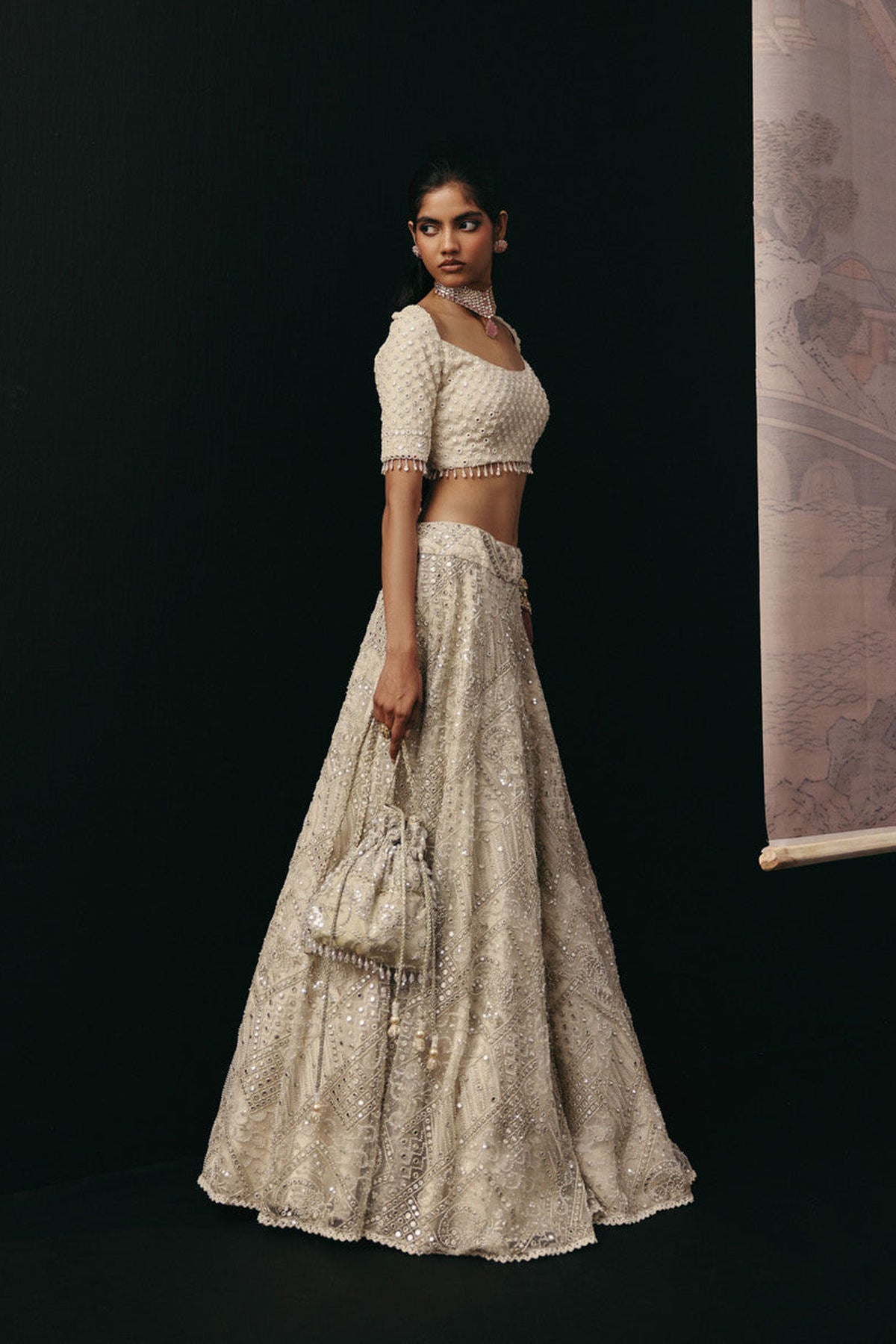 Ivory Mirrorwork Lehenga with Short Sleeves Wide Neck Blouse and Beadwork Dupatta