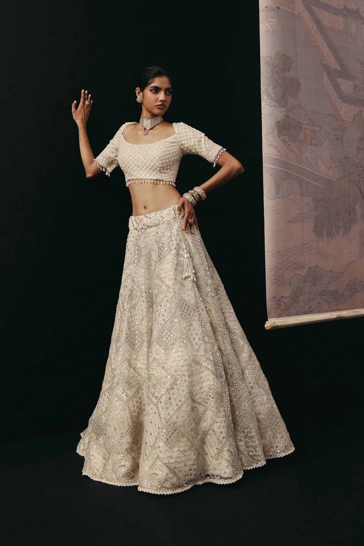 Ivory Mirrorwork Lehenga with Short Sleeves Wide Neck Blouse and Beadwork Dupatta