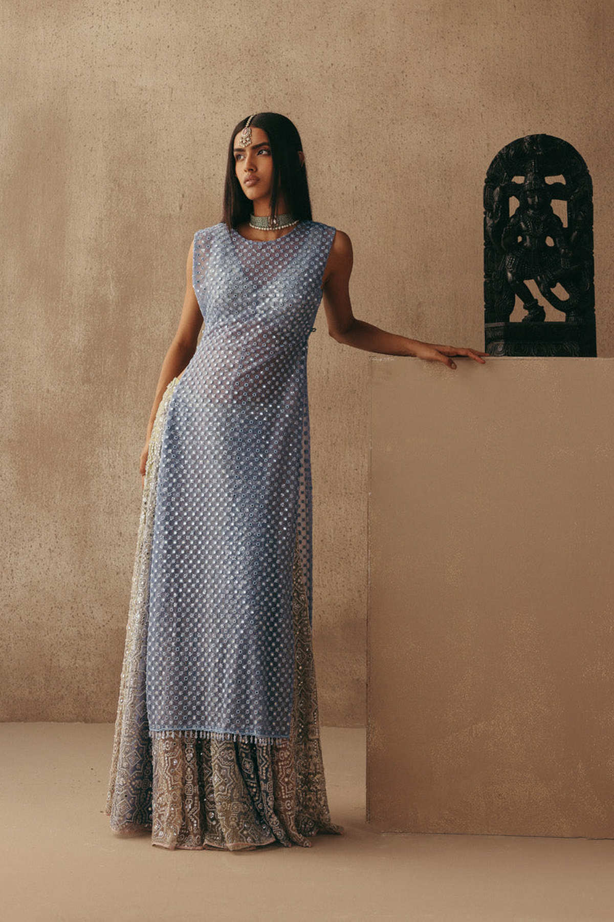 Mirrorwork Sharara Lehenga with Sleeveless Blouse and Slip On Jacket
