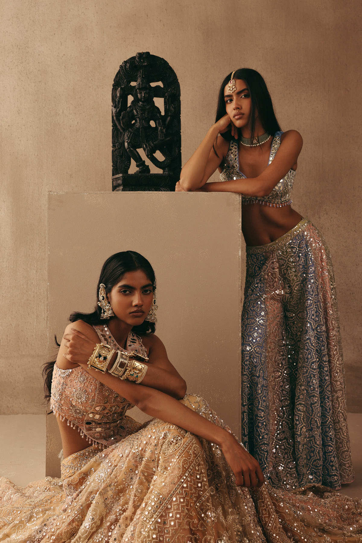 Mirrorwork Sharara Lehenga with Sleeveless Blouse and Mw Tulle Dupatta