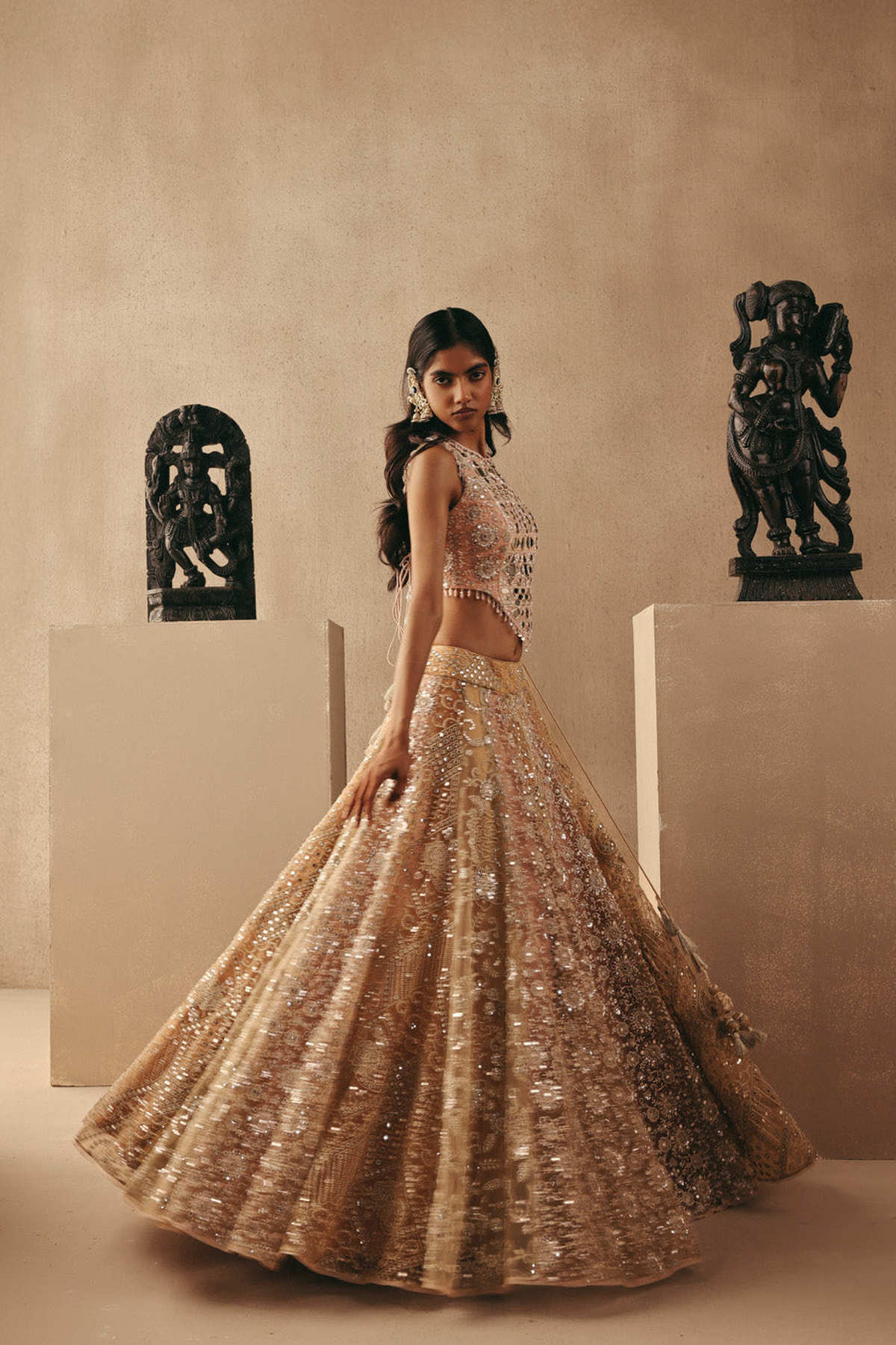 Multicolour Mirrorwork Lehenga with Corset and Dupatta