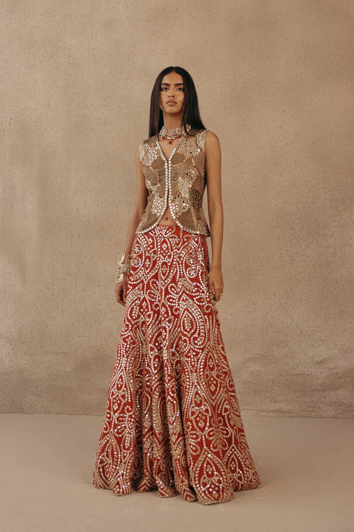 Mirrorwork Fish Cut Lehenga with Gilet and Dupatta