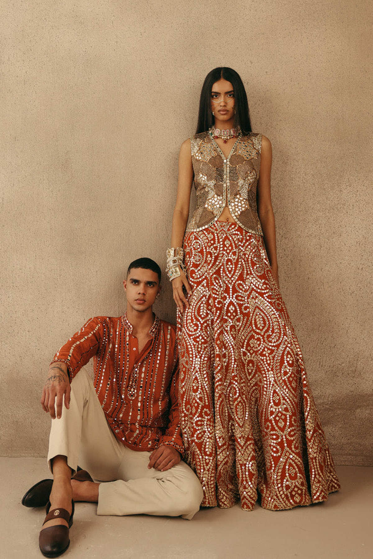 Mirrorwork Fish Cut Lehenga with Gilet and Dupatta