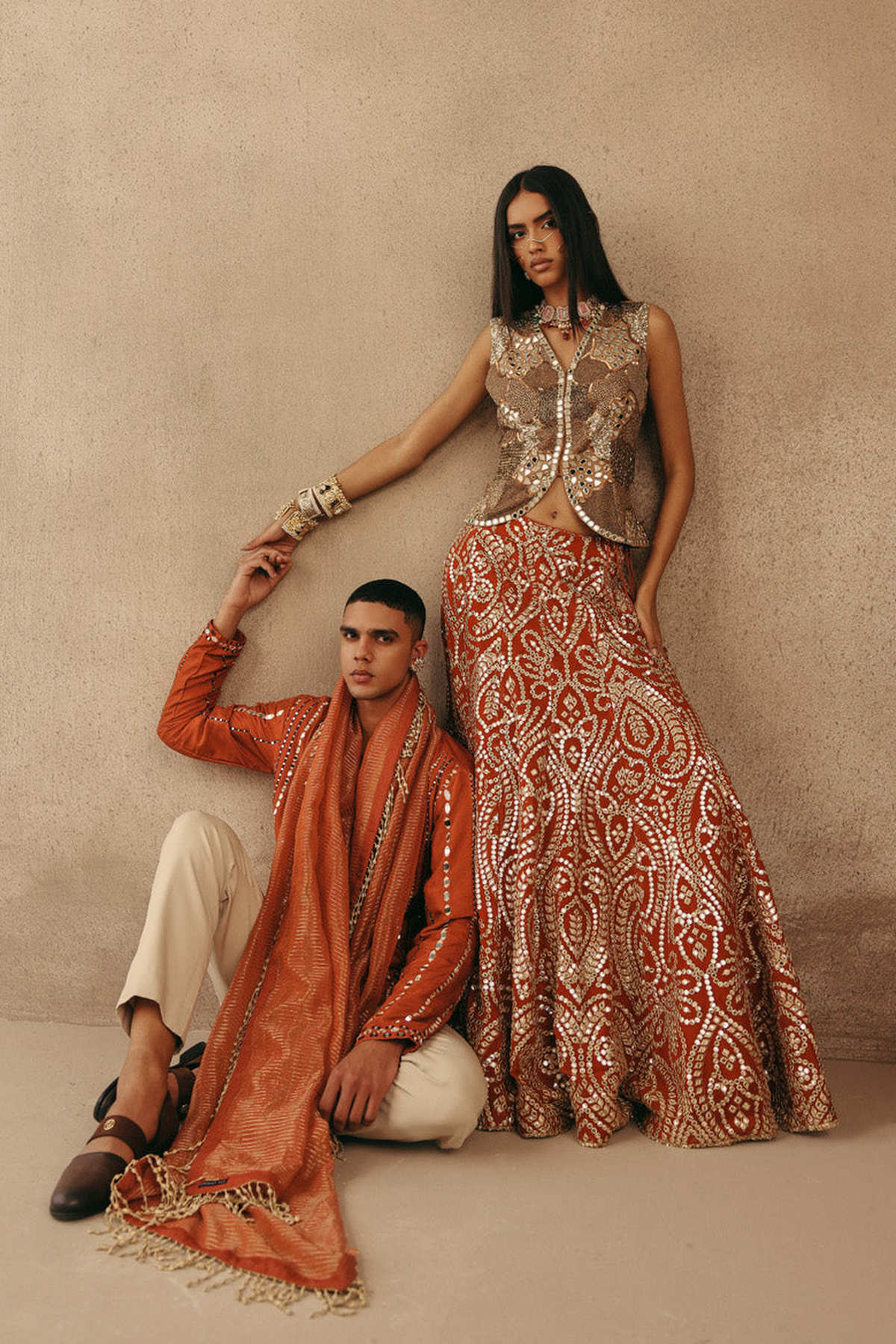Mirrorwork Fish Cut Lehenga with Gilet and Dupatta