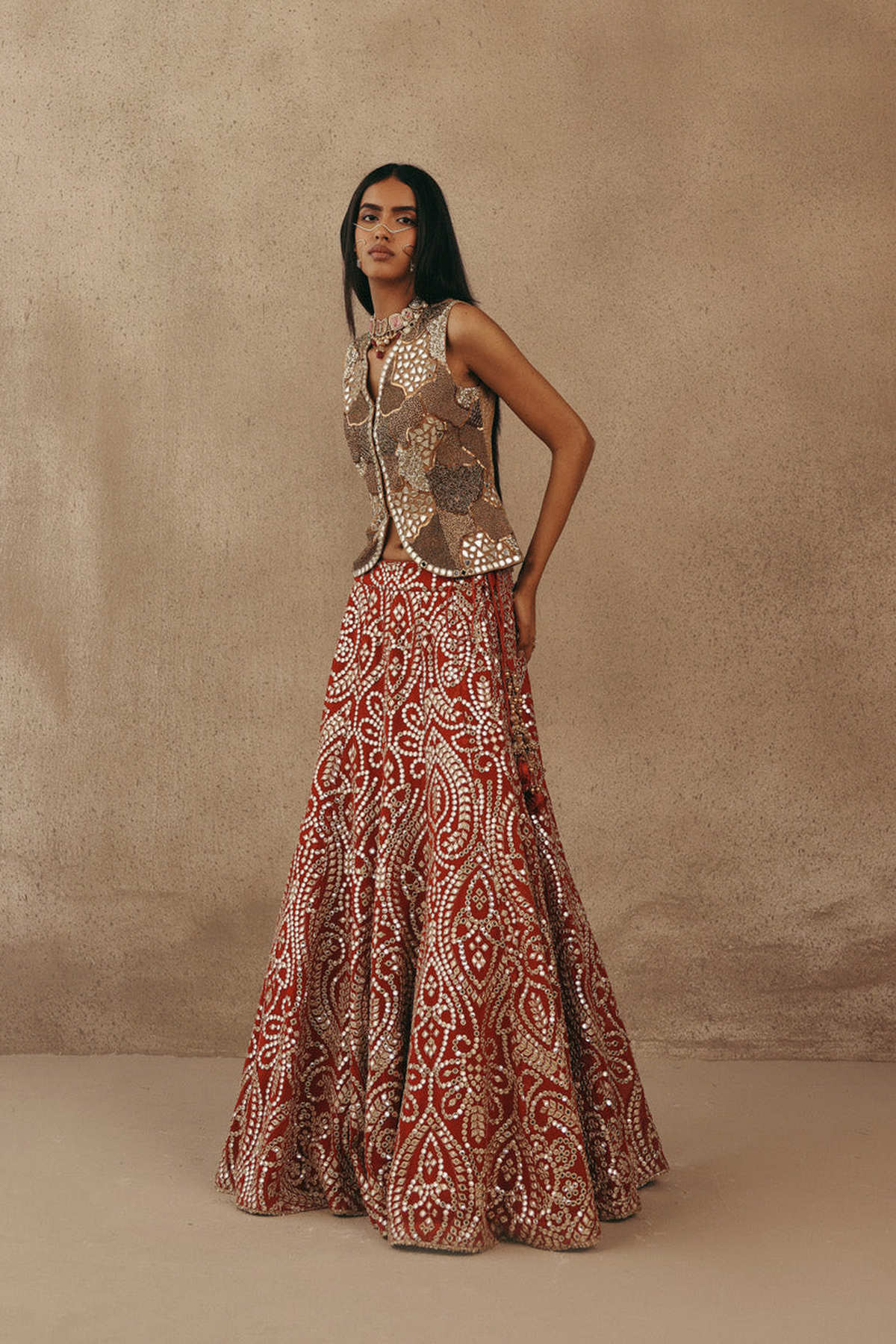 Mirrorwork Fish Cut Lehenga with Gilet and Dupatta