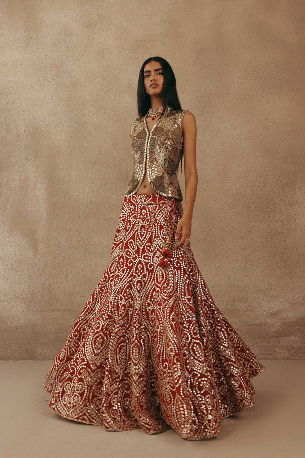 Mirrorwork Fish Cut Lehenga with Gilet and Dupatta