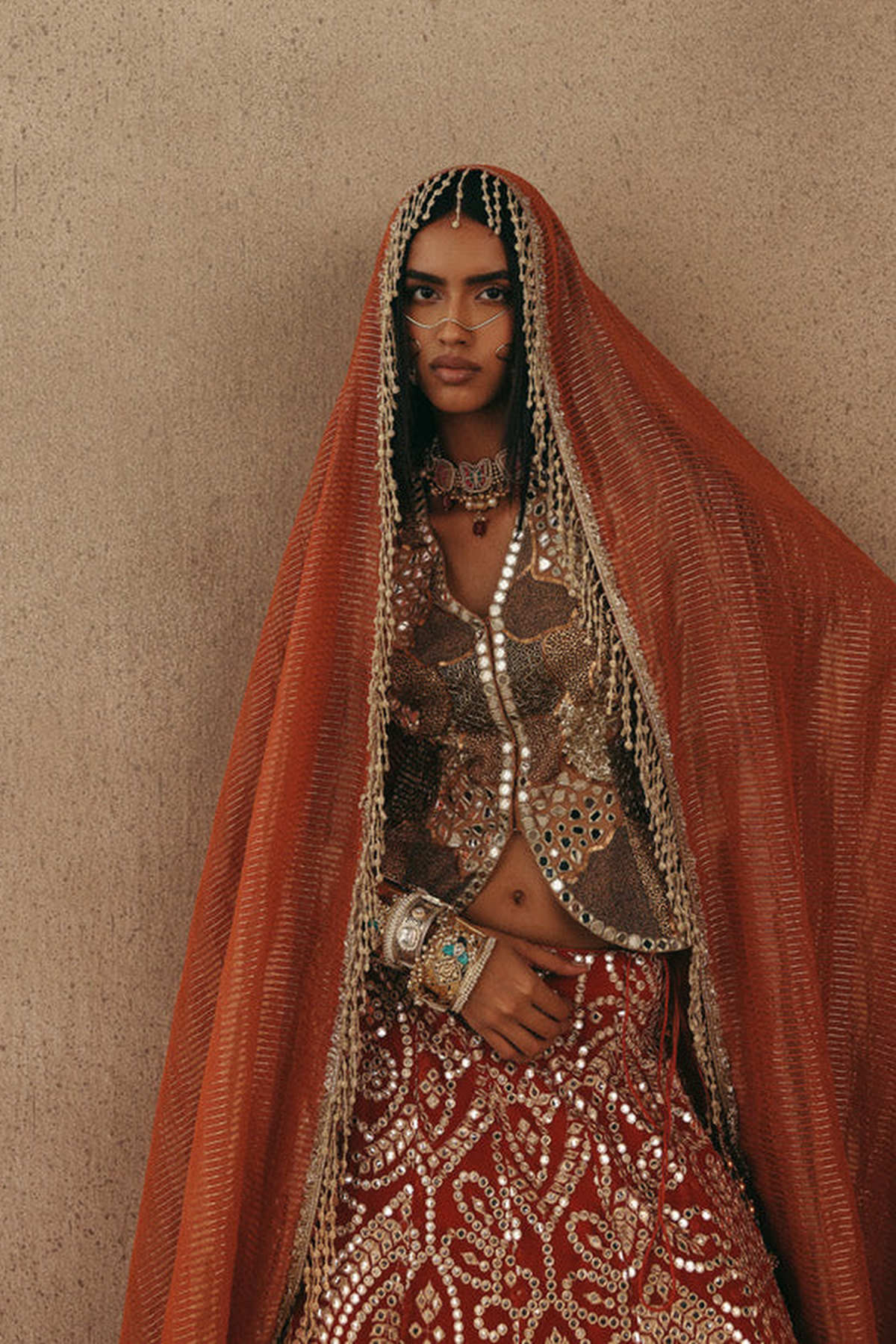 Mirrorwork Fish Cut Lehenga with Gilet and Dupatta