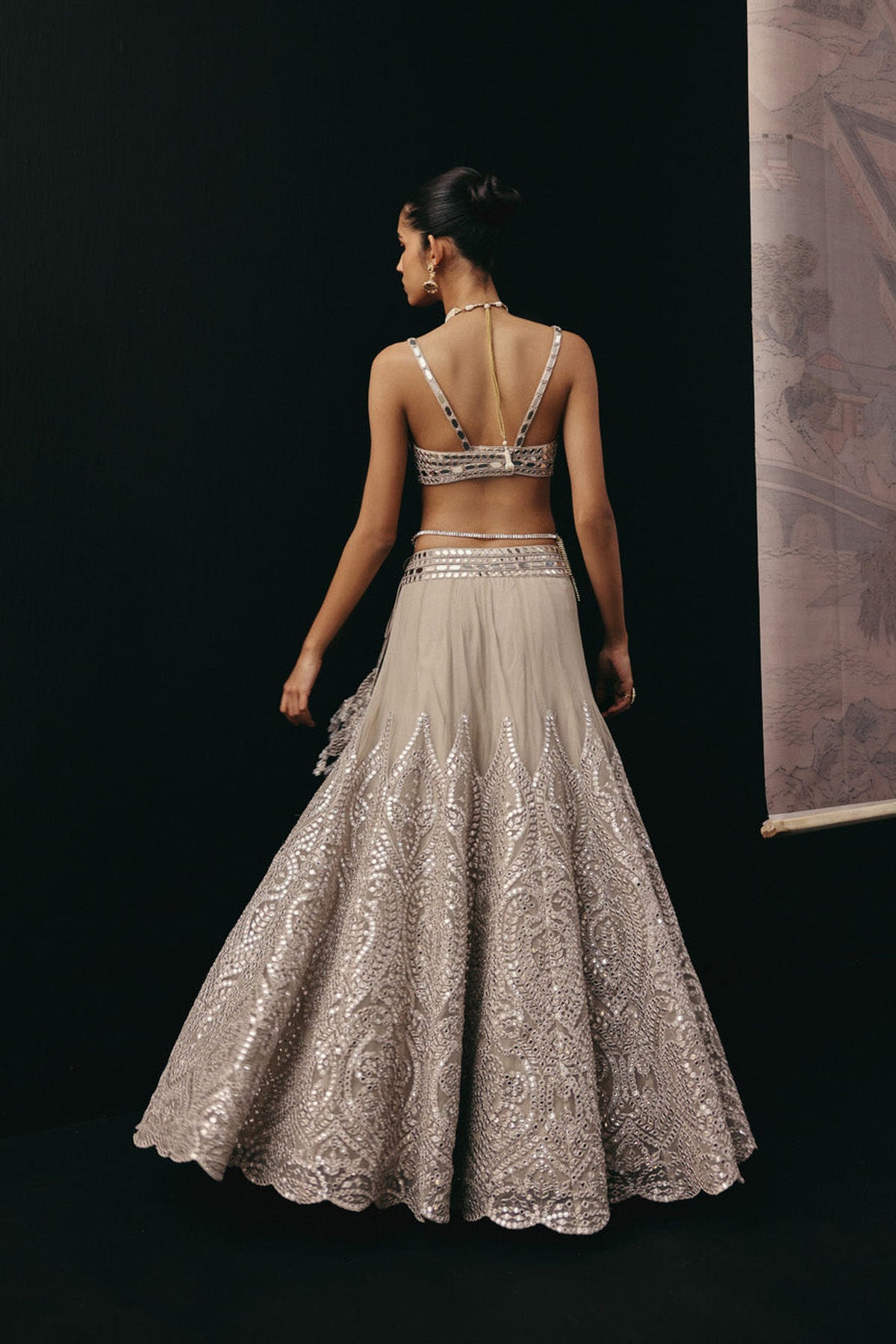 Silver Zari Mirrorwork Lehenga with Cape Sleeves Jacket and Bralette