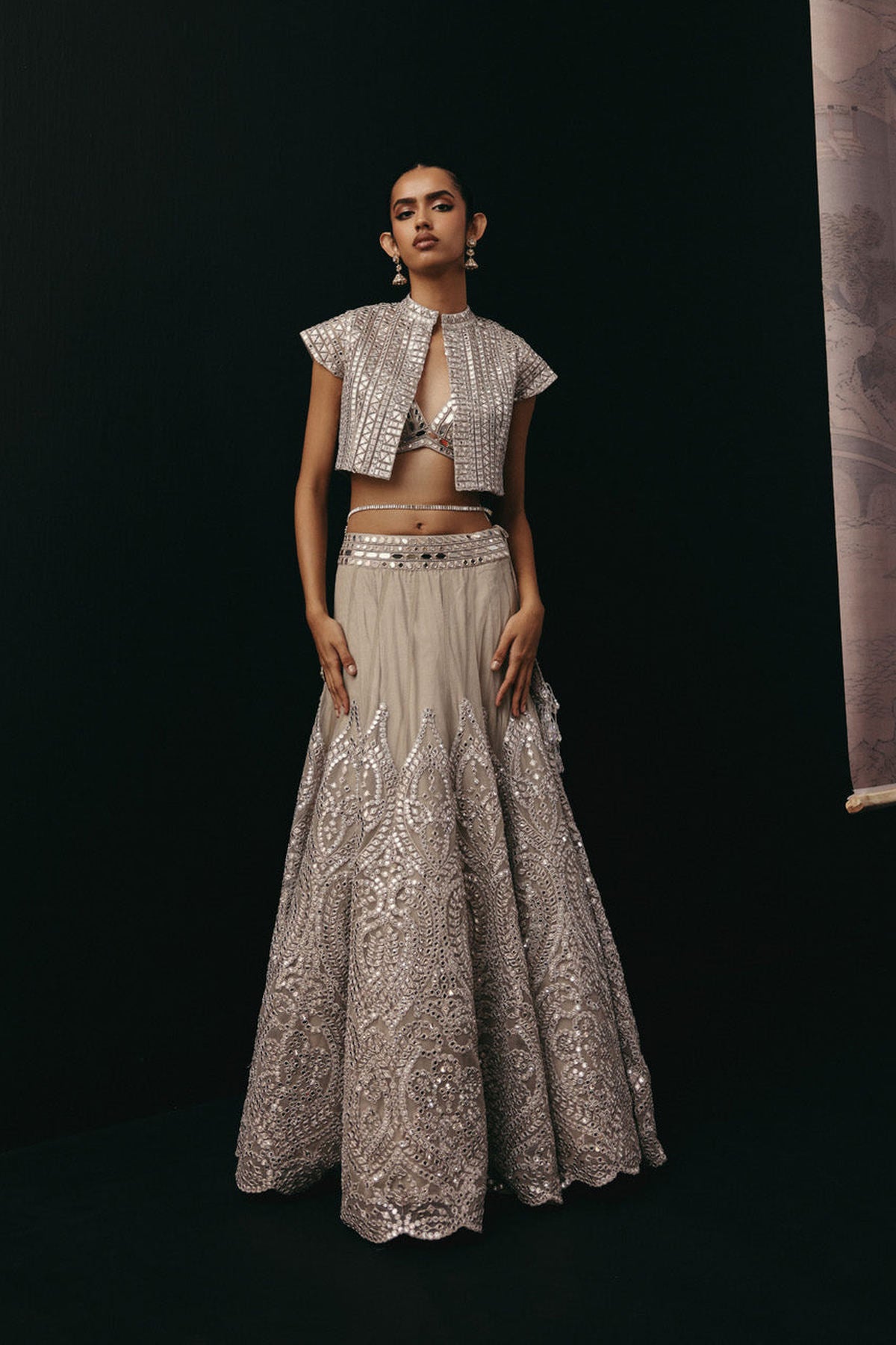 Silver Zari Mirrorwork Lehenga with Cap Sleeves Open Balero Jacket and Bralette