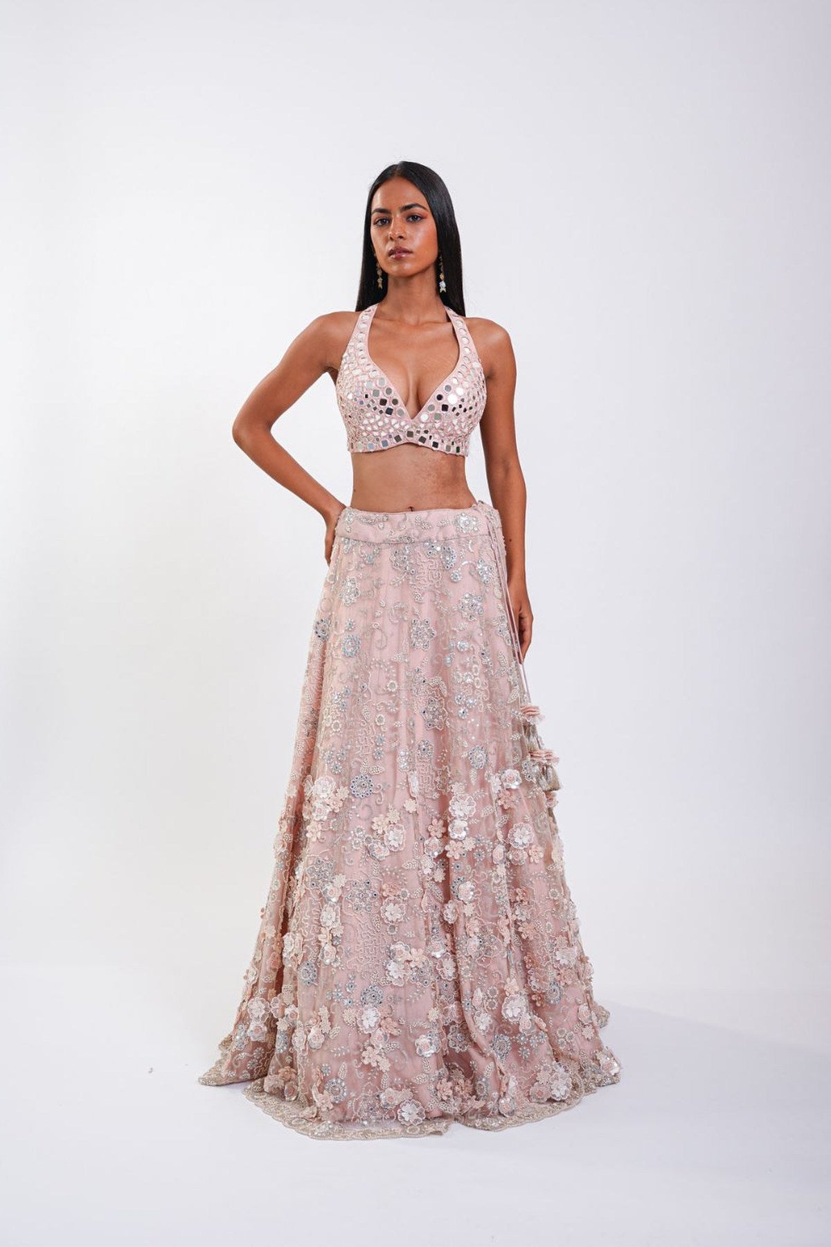 MIRRORWORK SKIRT WITH 3D FLOWERS ALONG WITH BRALETTE AND DUPATTA