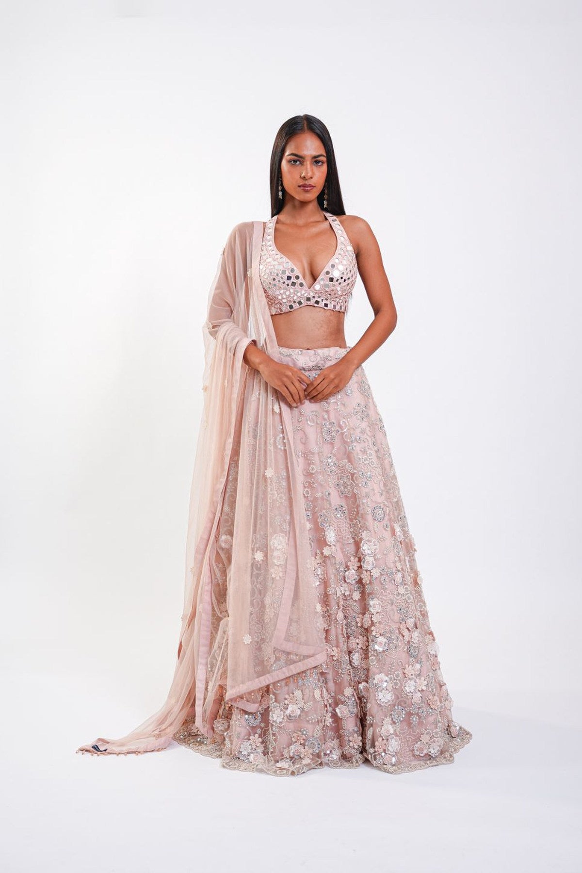 MIRRORWORK SKIRT WITH 3D FLOWERS ALONG WITH BRALETTE AND DUPATTA