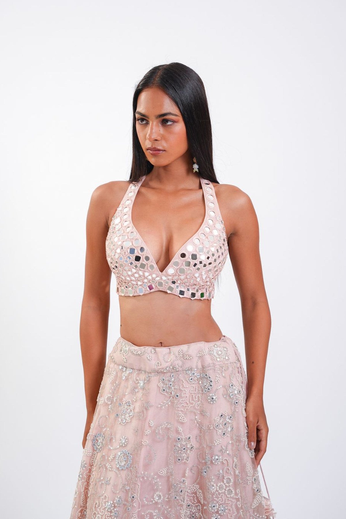 MIRRORWORK SKIRT WITH 3D FLOWERS ALONG WITH BRALETTE AND DUPATTA