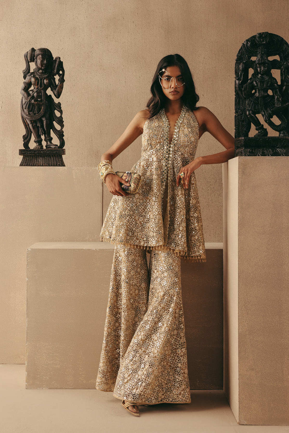 Mirrorwork And Zari Floral Lacework Shararas