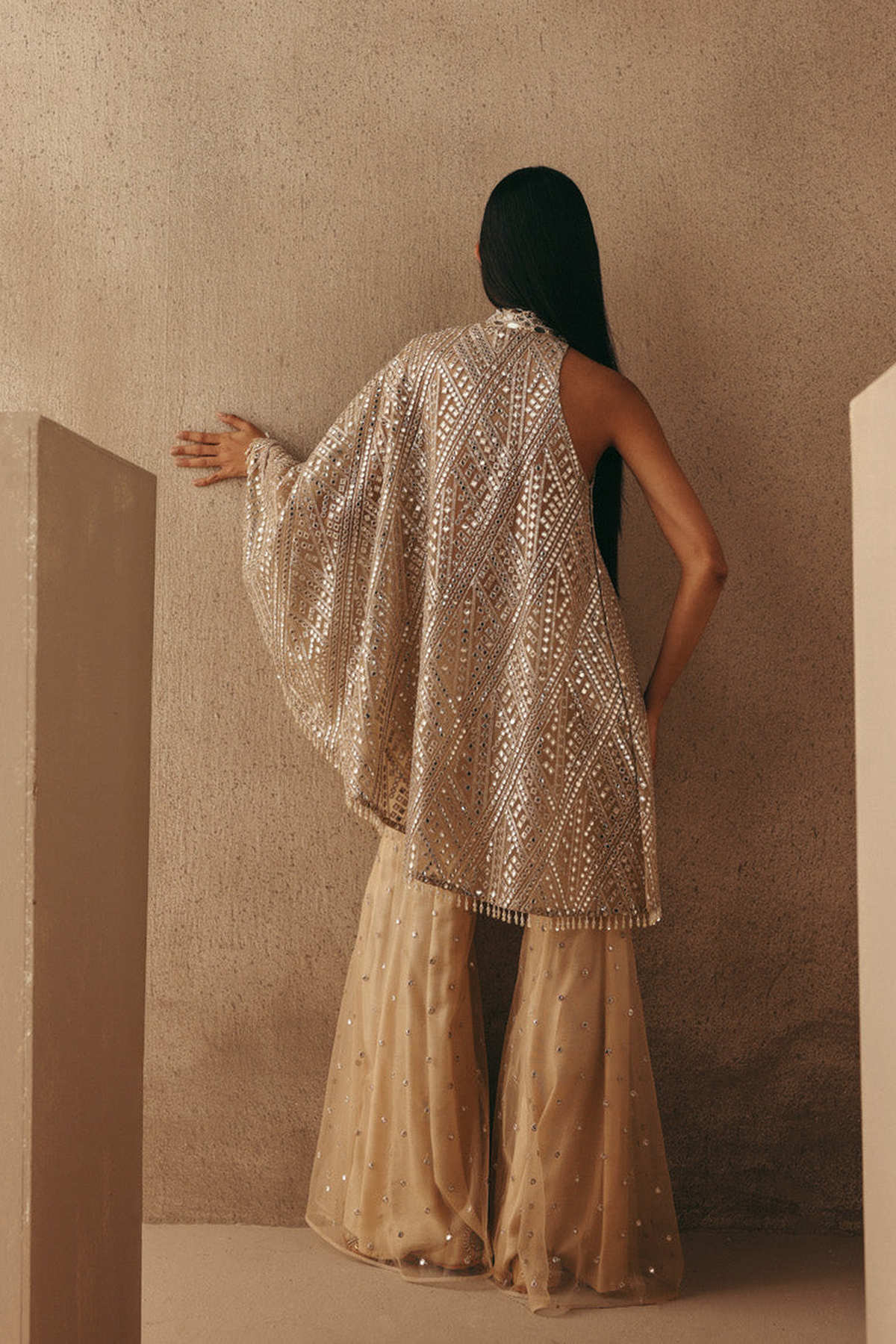 Mirrorwork Band Collar One Shoulder Dress Top