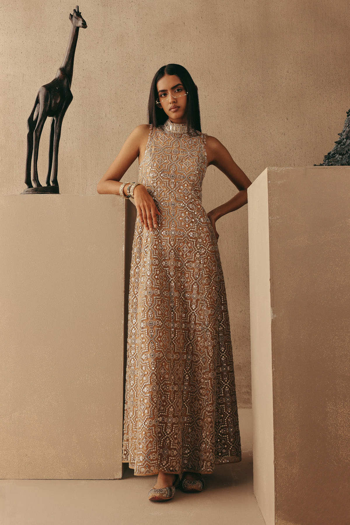 Mirrorwork Hi Neck Long Backless Dress