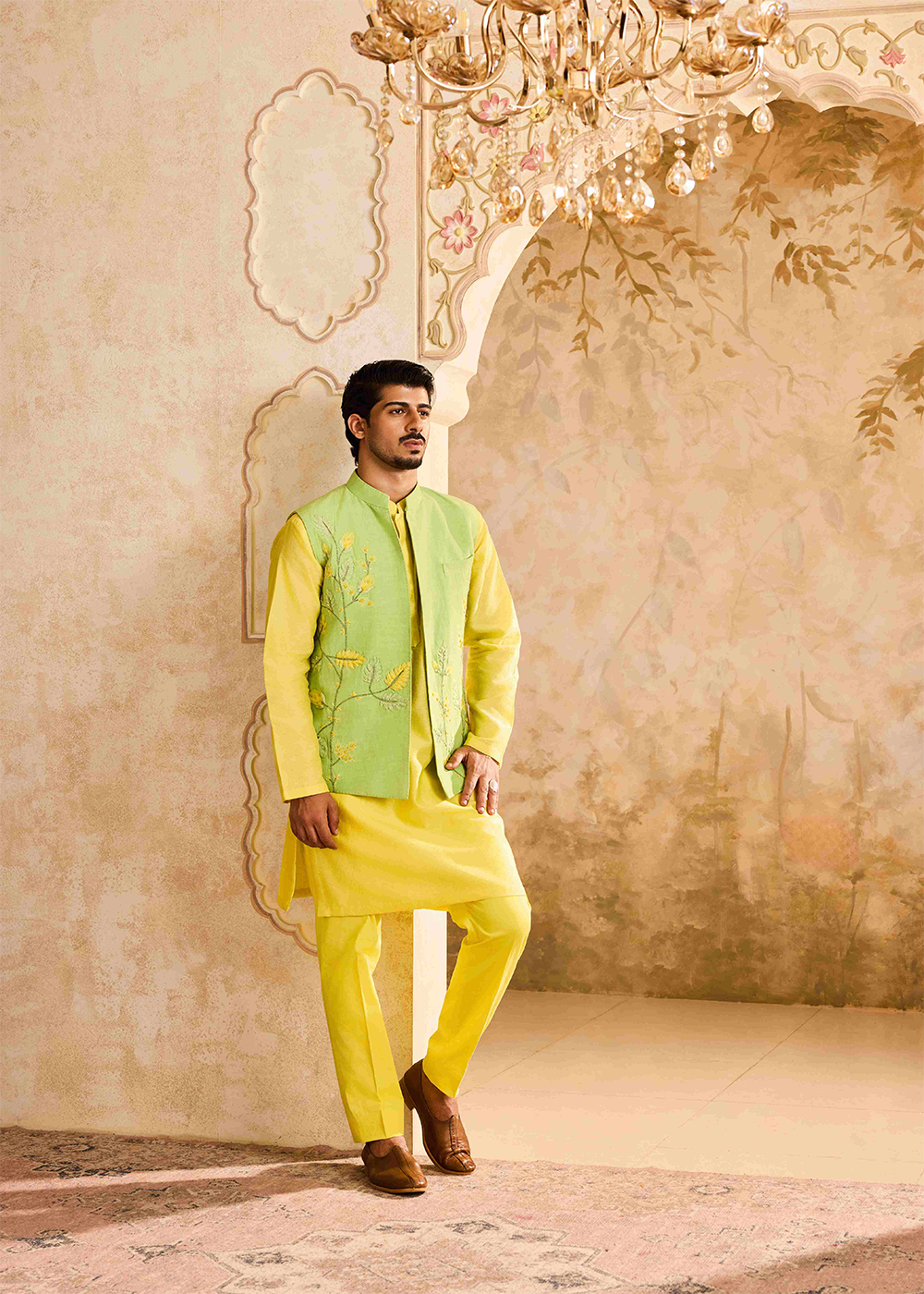 Green Yellow Bundi Floral Kurta Pant